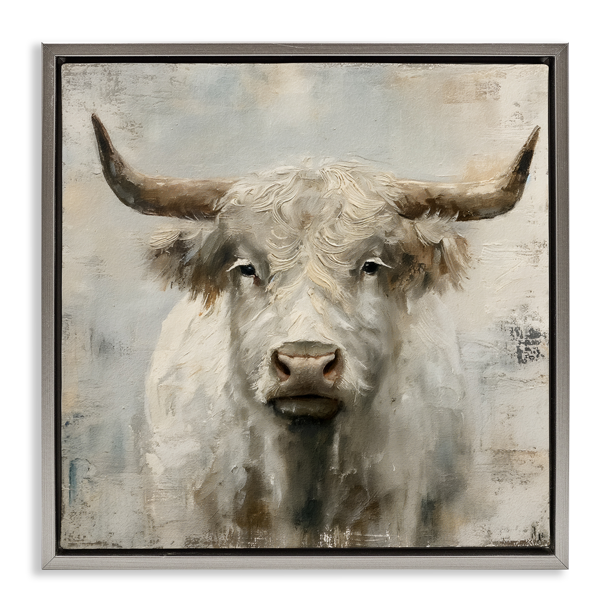 Stupell Industries Fluffy Longhorn Cattle Animals Painting Gray Floater Framed Canvas Art Print Wall Art, 18 x 18