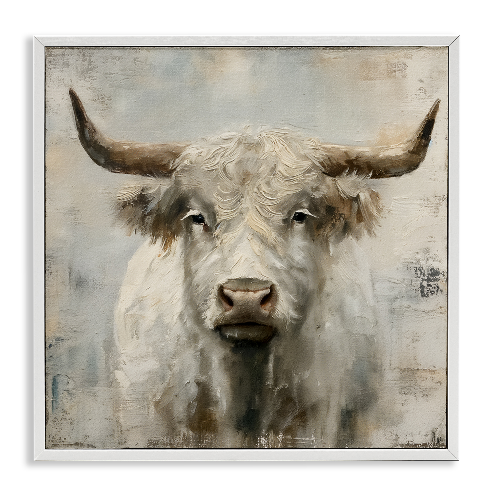 Stupell Industries Fluffy Longhorn Cattle Animals Painting White Framed Art Print Wall Art, 12 x 12