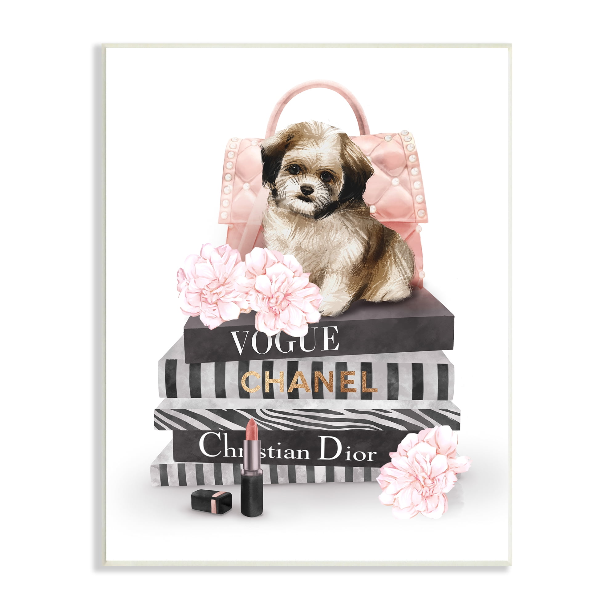 Stupell Industries Fluffy Puppy on Fashion Books Pink Florals, 13 x 19, Design by Ziwei Li