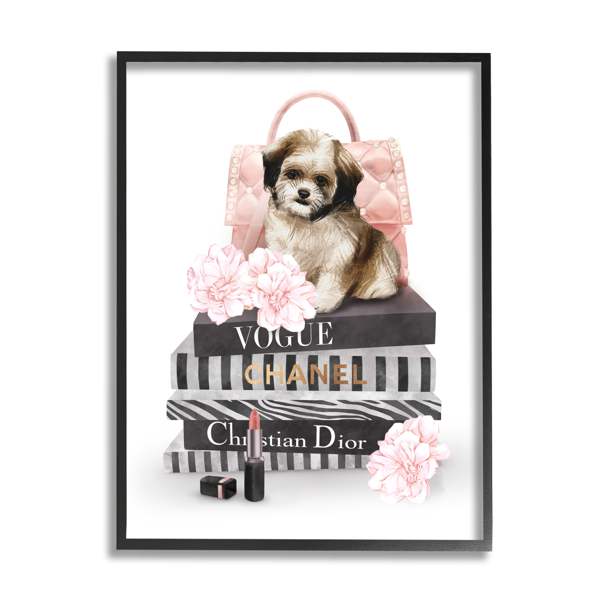 Stupell Industries Fluffy Puppy on Fashion Books Pink Florals Beauty & Fashion Painting Black Framed Art Print Wall Art, 11 x 14