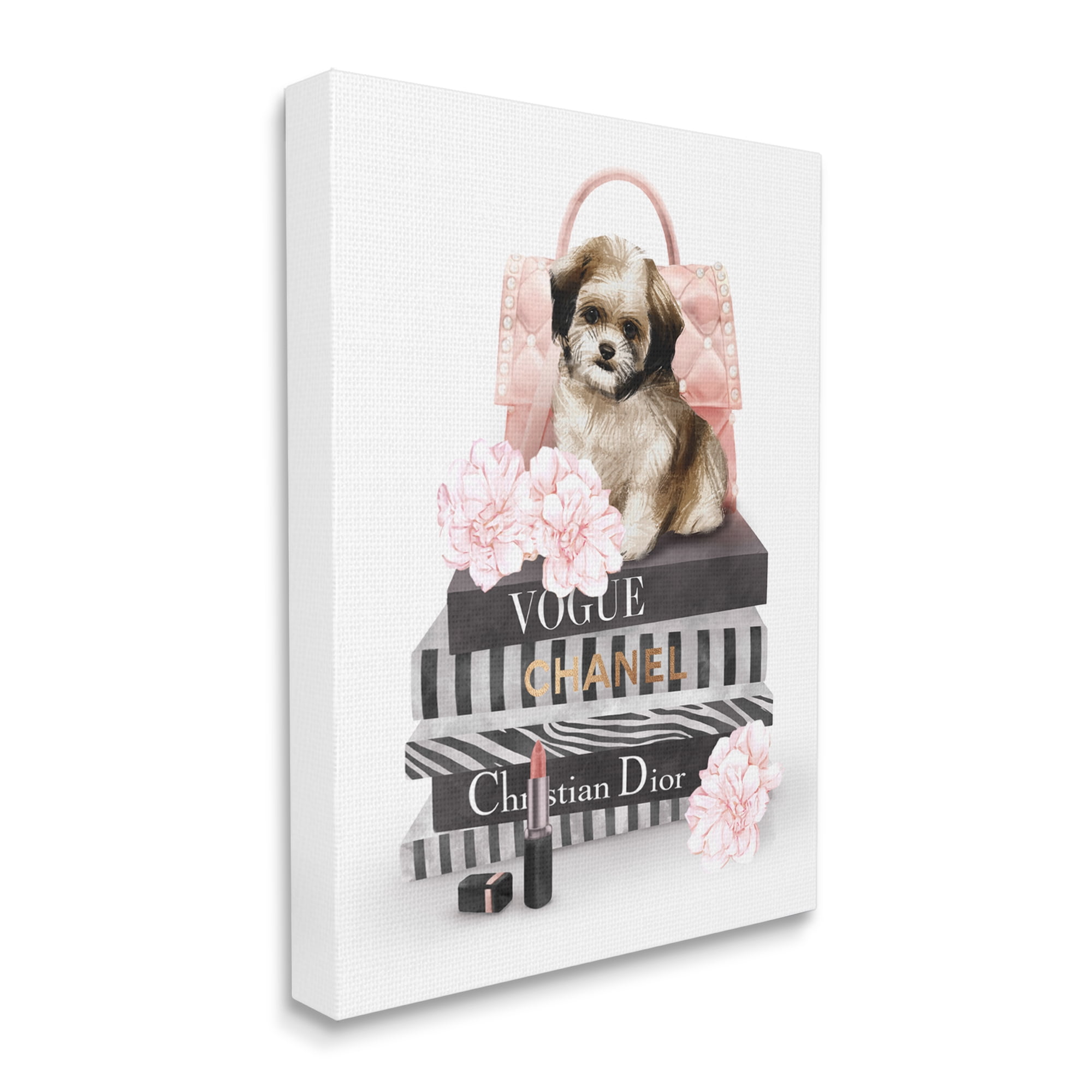 Stupell Industries Fluffy Puppy on Fashion Books Pink Florals Beauty & Fashion Painting Gallery Wrapped Canvas Print Wall Art, 36 x 48