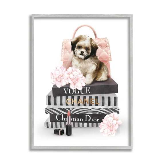 Stupell Industries Fluffy Puppy on Fashion Books Pink Florals Beauty & Fashion Painting Gray Framed Art Print Wall Art, 11 x 14