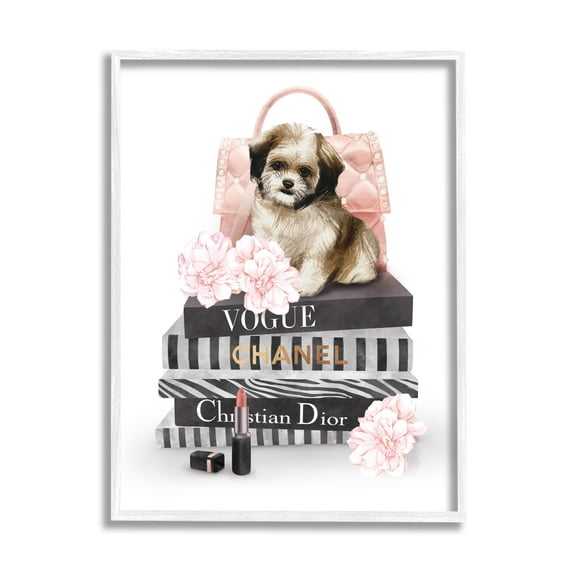 Stupell Industries Fluffy Puppy on Fashion Books Pink Florals Beauty & Fashion Painting White Framed Art Print Wall Art, 11 x 14