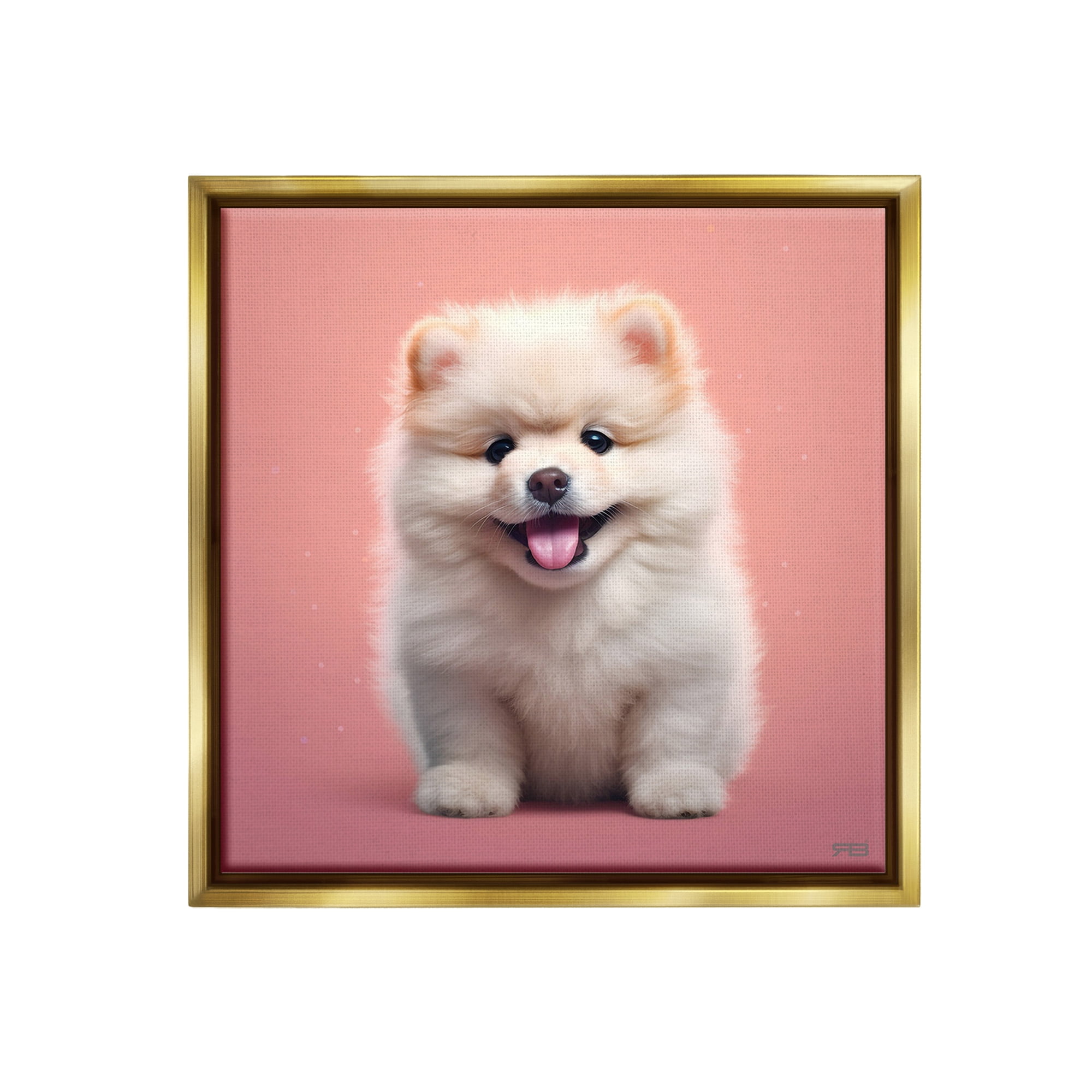 Stupell Industries Fluffy Puppy on Pink Animals & Insects Painting Gold Floater Framed Canvas Art Print Wall Art, 25 x 25