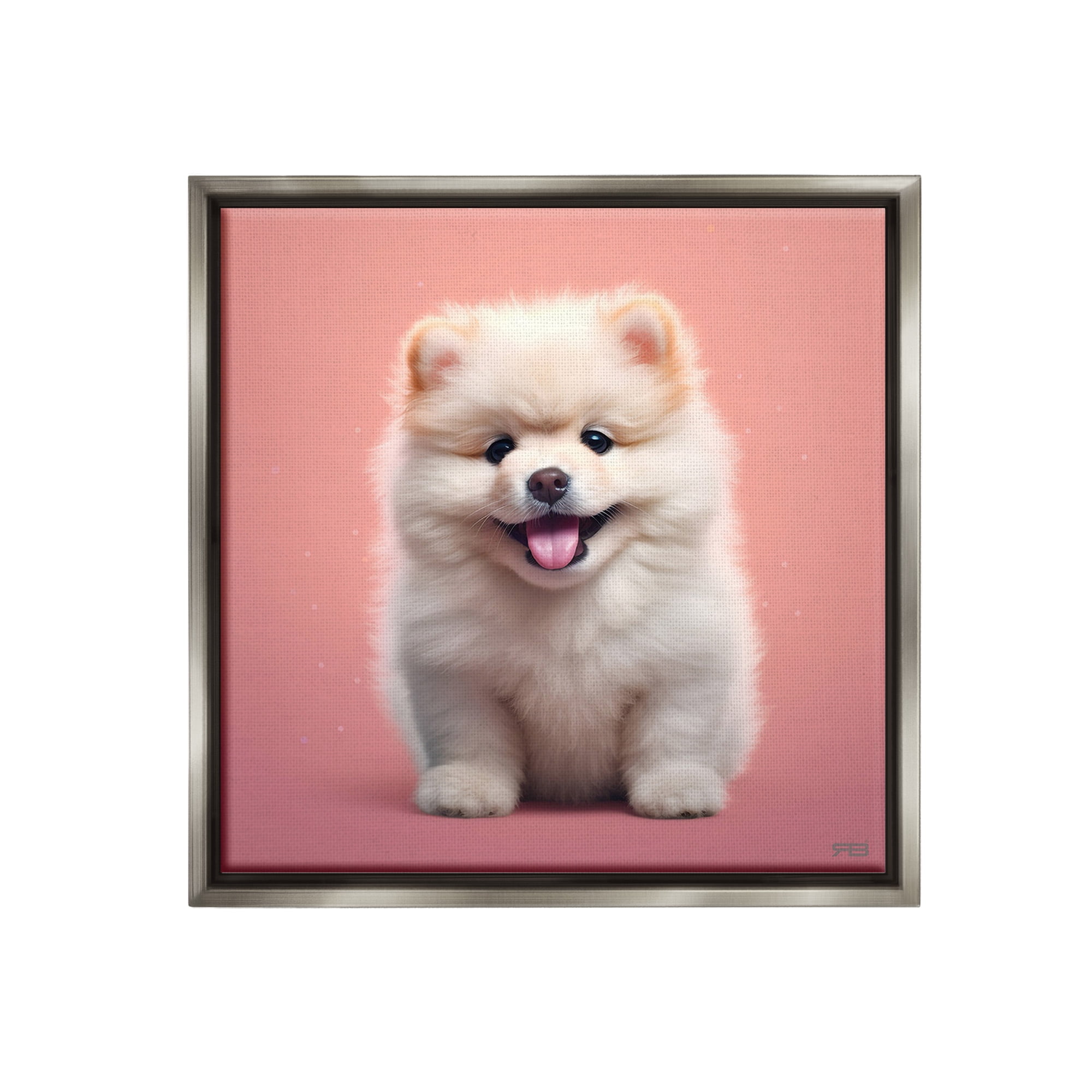 Stupell Industries Fluffy Puppy on Pink Animals & Insects Painting Gray Floater Framed Canvas Art Print Wall Art, 25 x 25