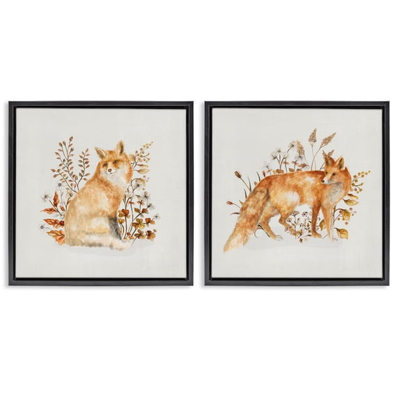 Stupell Industries Fluffy Red Fox Autumn Leaves Animals Painting Black Floater Framed Canvas Art Print Wall Art, 18 x 18, Set of 2