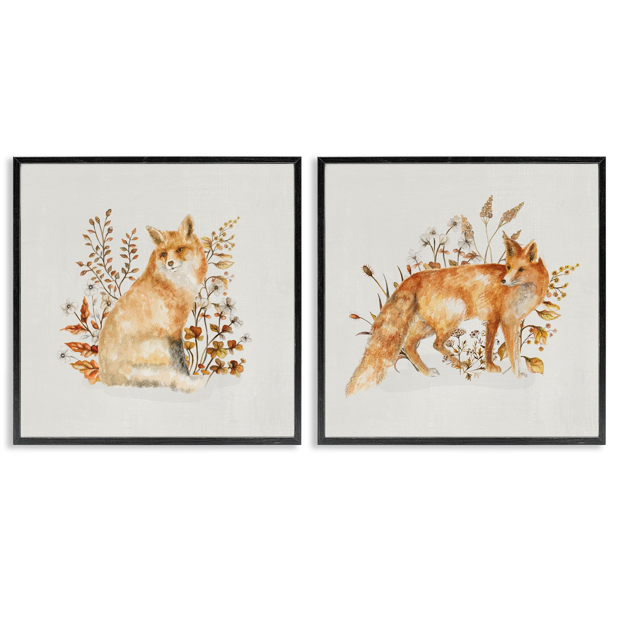 Stupell Industries Fluffy Red Fox Autumn Leaves Animals Painting Black Framed Art Print Wall Art, 24 x 24, Set of 2