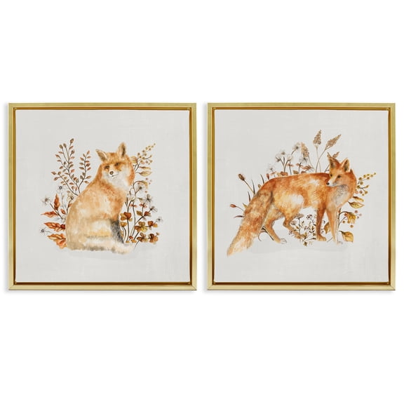Stupell Industries Fluffy Red Fox Autumn Leaves Animals Painting Gold Floater Framed Canvas Art Print Wall Art, 18 x 18, Set of 2