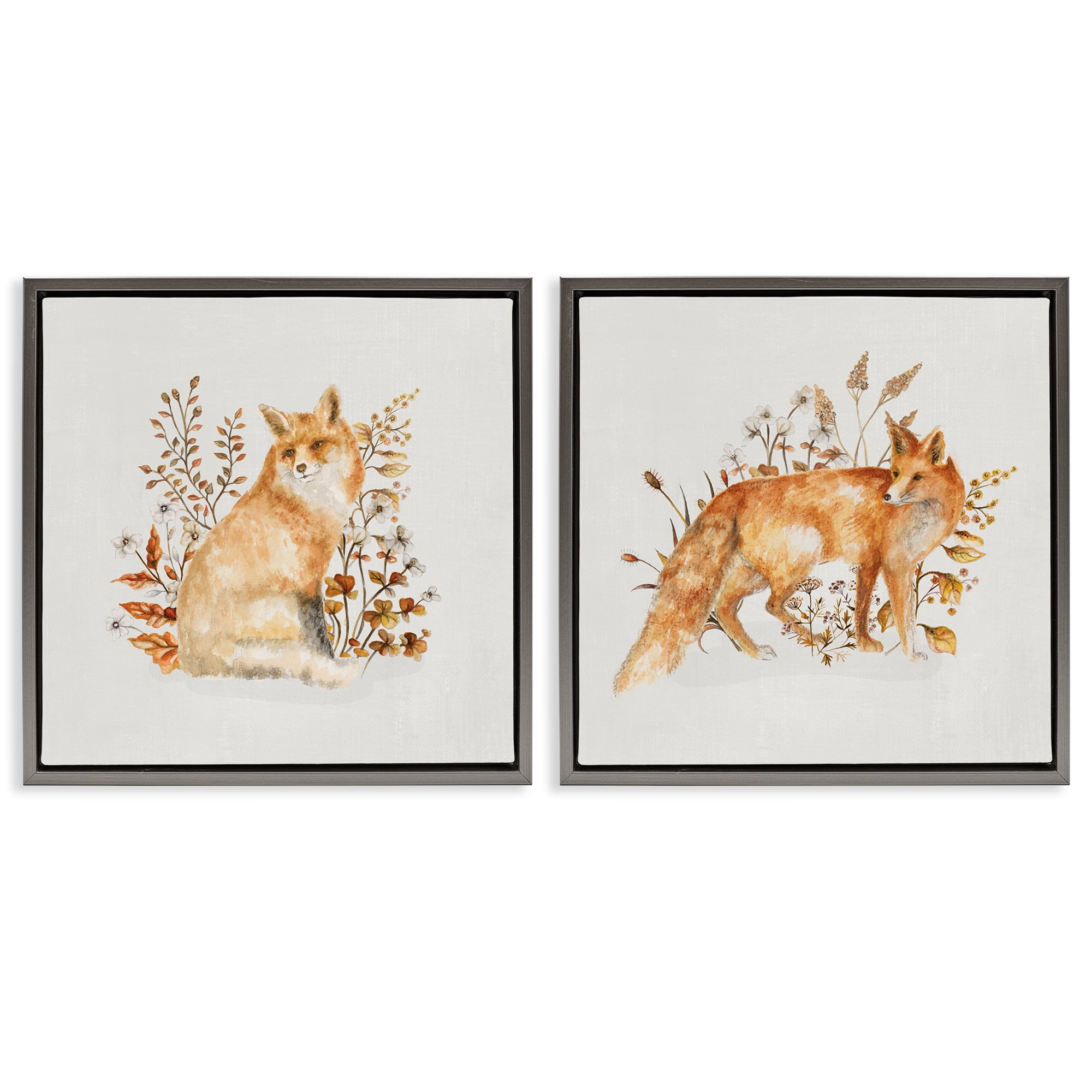 Stupell Industries Fluffy Red Fox Autumn Leaves Animals Painting Gray Floater Framed Canvas Art Print Wall Art, 25 x 25, Set of 2