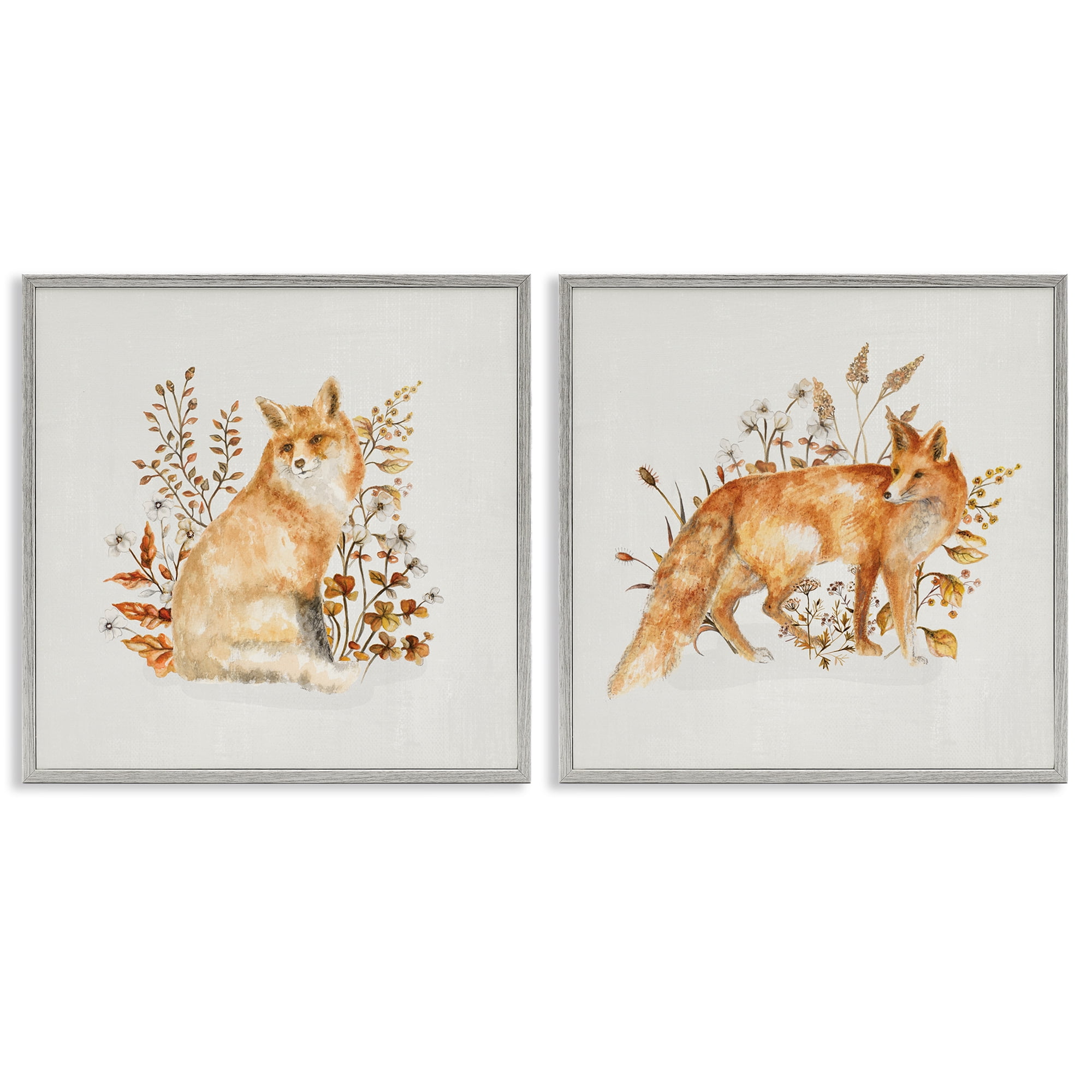 Stupell Industries Fluffy Red Fox Autumn Leaves Animals Painting Gray Framed Art Print Wall Art, 17 x 17, Set of 2