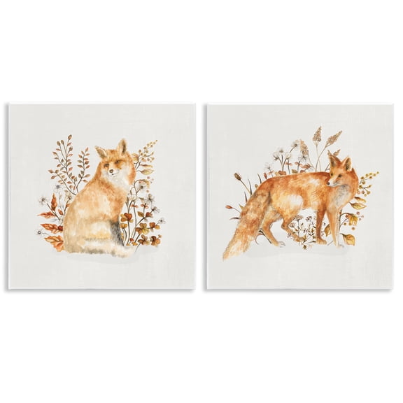 Stupell Industries Fluffy Red Fox Autumn Leaves Animals Painting Unframed Art Print Wall Art, 12 x 12, Set of 2