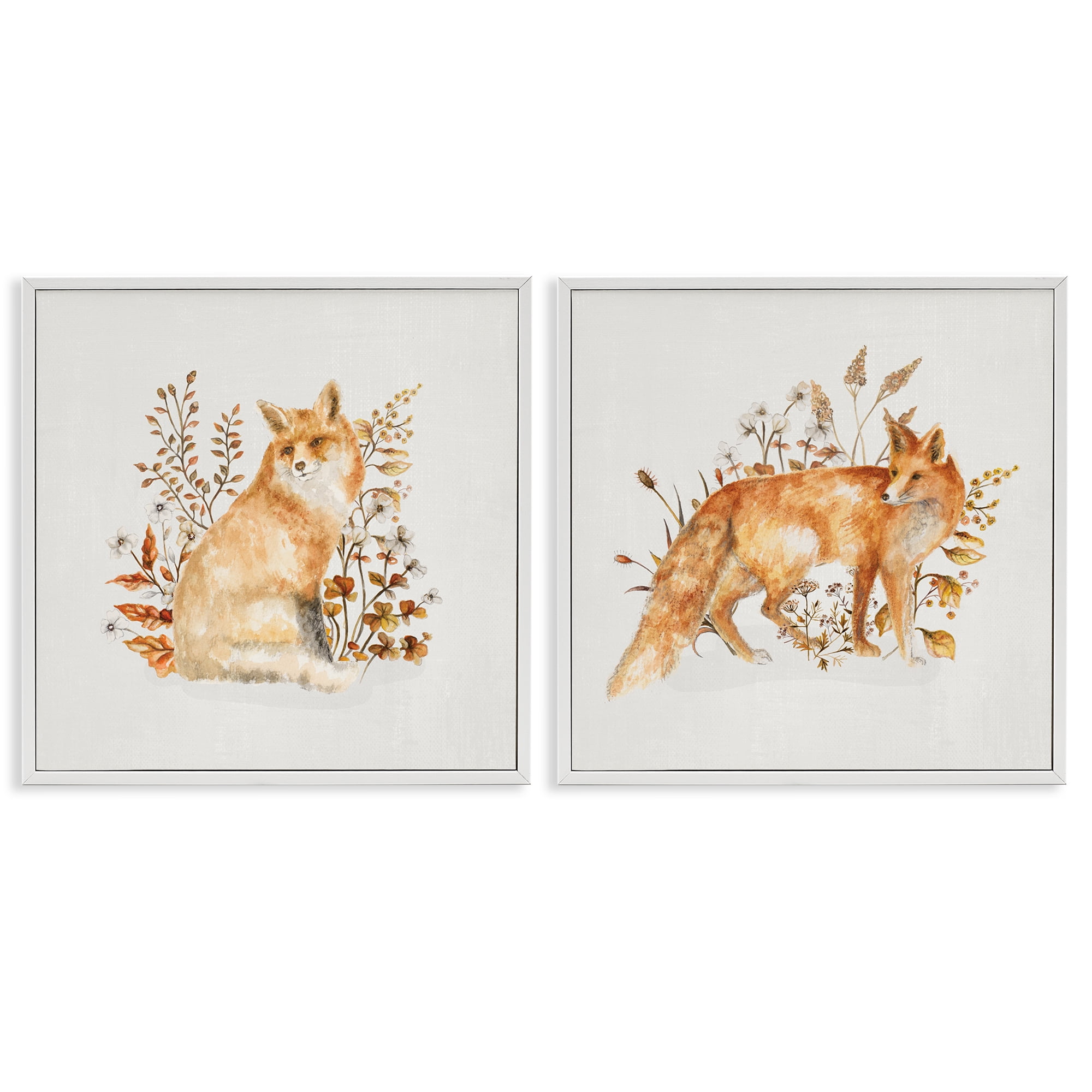 Stupell Industries Fluffy Red Fox Autumn Leaves Animals Painting White Framed Art Print Wall Art, 12 x 12, Set of 2