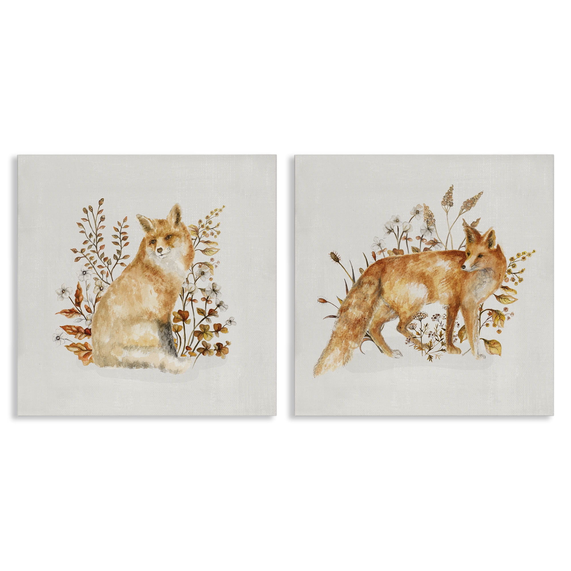 Stupell Industries Fluffy Red Fox Autumn Leaves Animals Painting Wrapped Canvas Art Print Wall Art, 17 x 17, Set of 2