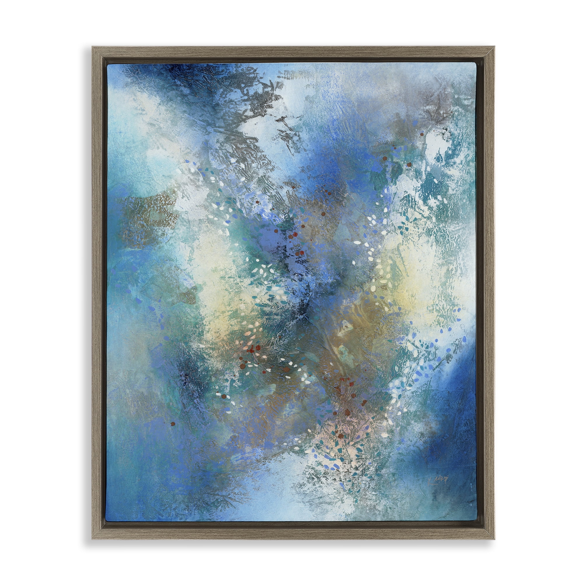 Stupell Industries Fluid Blue Abstraction Abstract Painting Brown Floater Framed Canvas Art Print Wall Art, 25 x 31