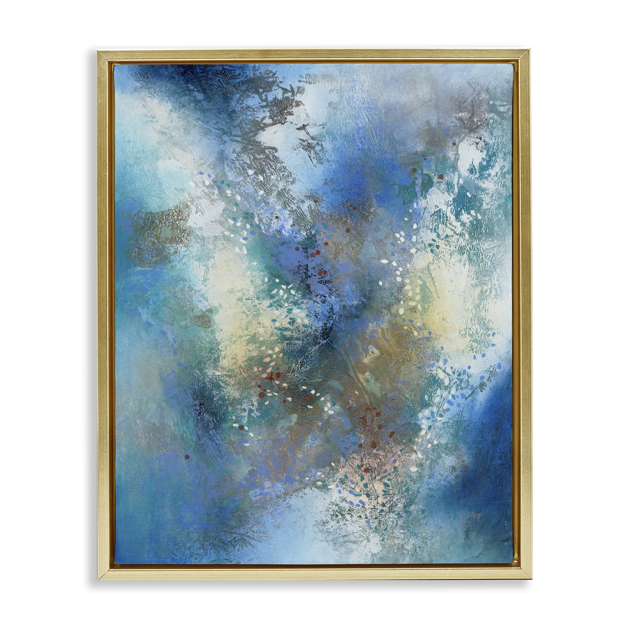 Stupell Industries Fluid Blue Abstraction Abstract Painting Gold Floater Framed Canvas Art Print Wall Art, 17 x 21