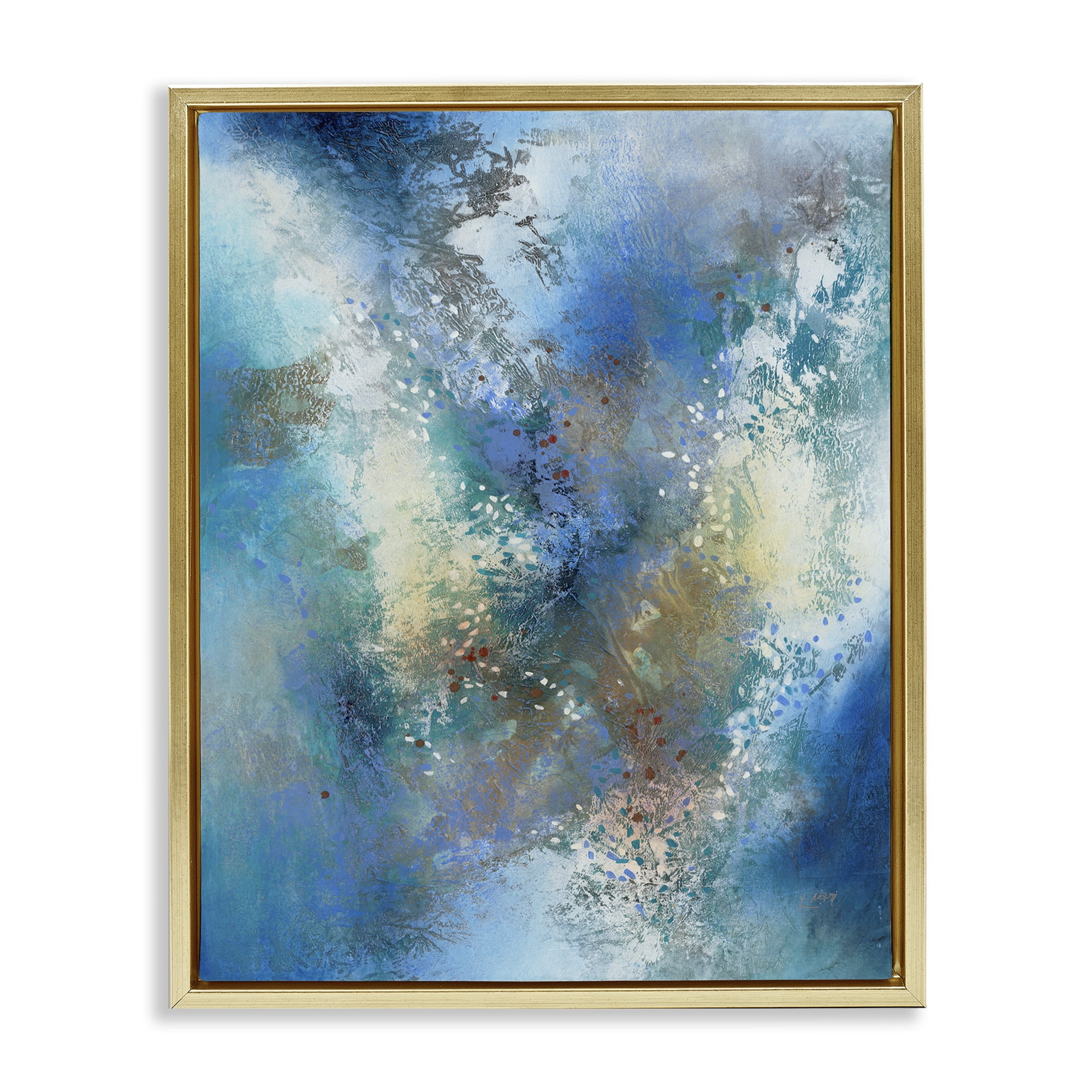 Stupell Industries Fluid Blue Abstraction Abstract Painting Gold Floater Framed Canvas Art Print Wall Art, 25 x 31