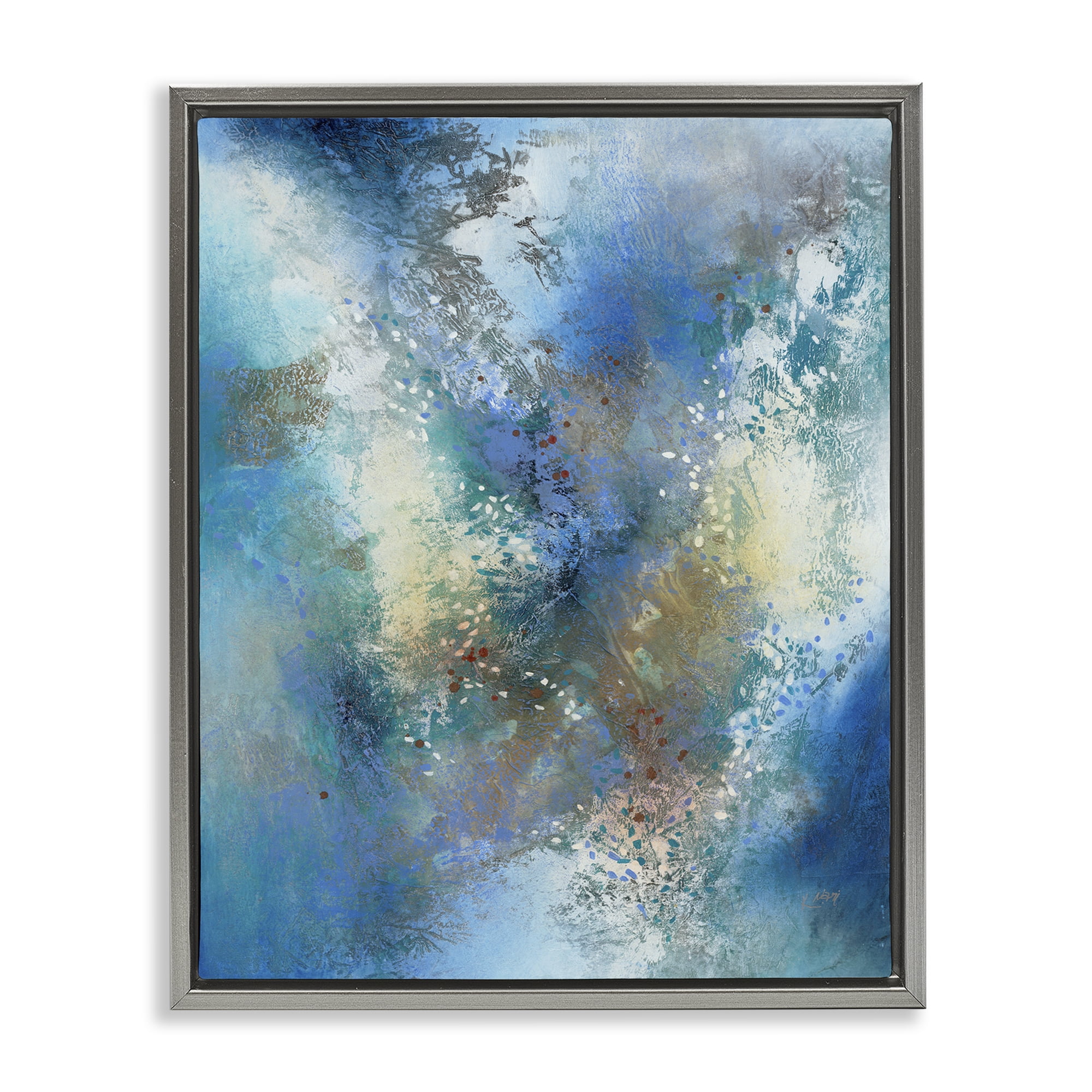 Stupell Industries Fluid Blue Abstraction Abstract Painting Gray Floater Framed Canvas Art Print Wall Art, 17 x 21