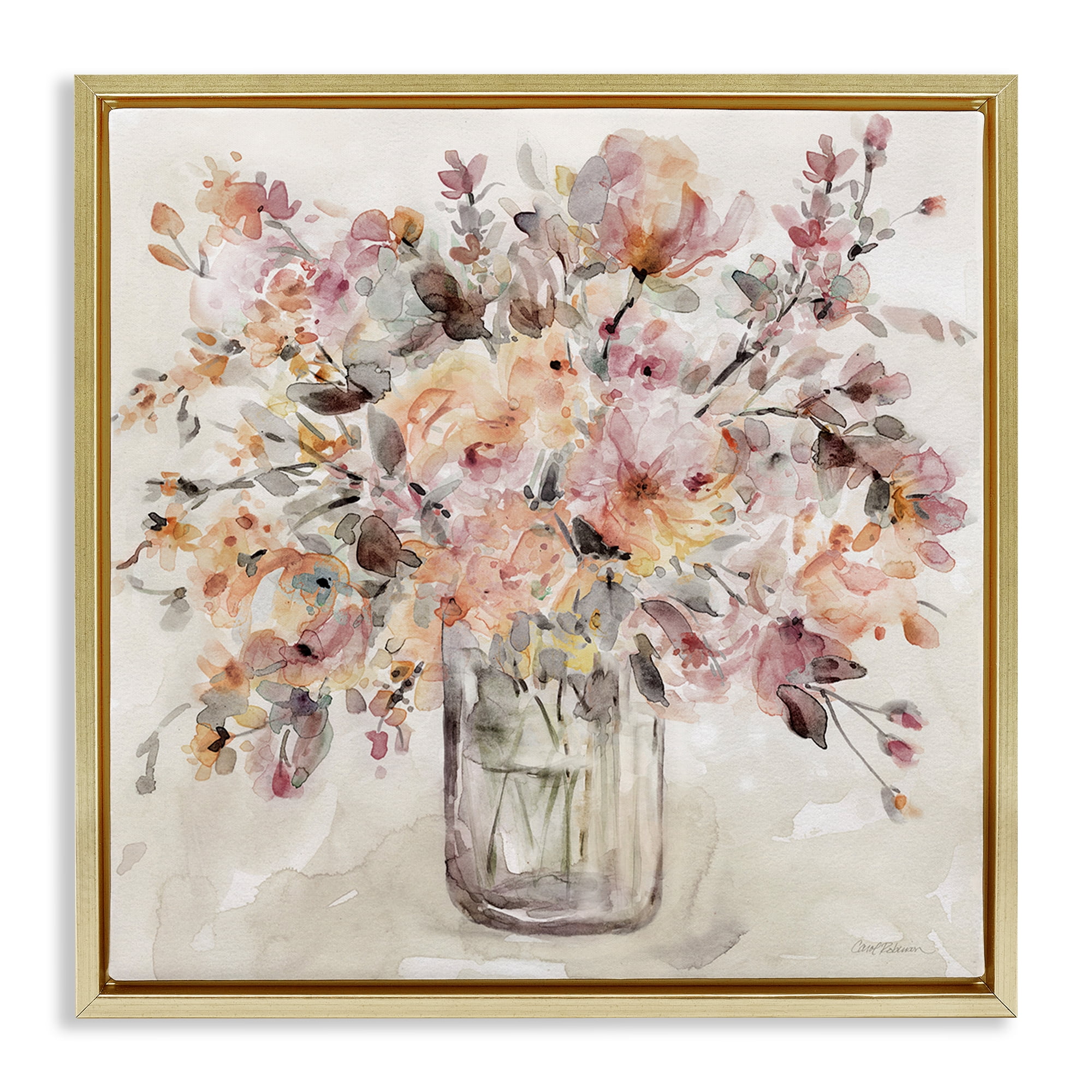 Stupell Industries Fluid Petals Watercolor Bouquet Gold Framed Floater Canvas Wall Art, design by Carol Robinson