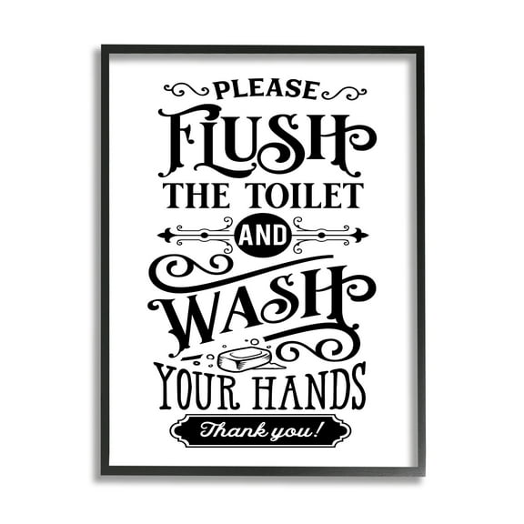Stupell Industries Flush & Wash Hands Vintage Style Text Typography Graphic Art Black Framed Art Print Wall Art, Design by Lettered and Lined