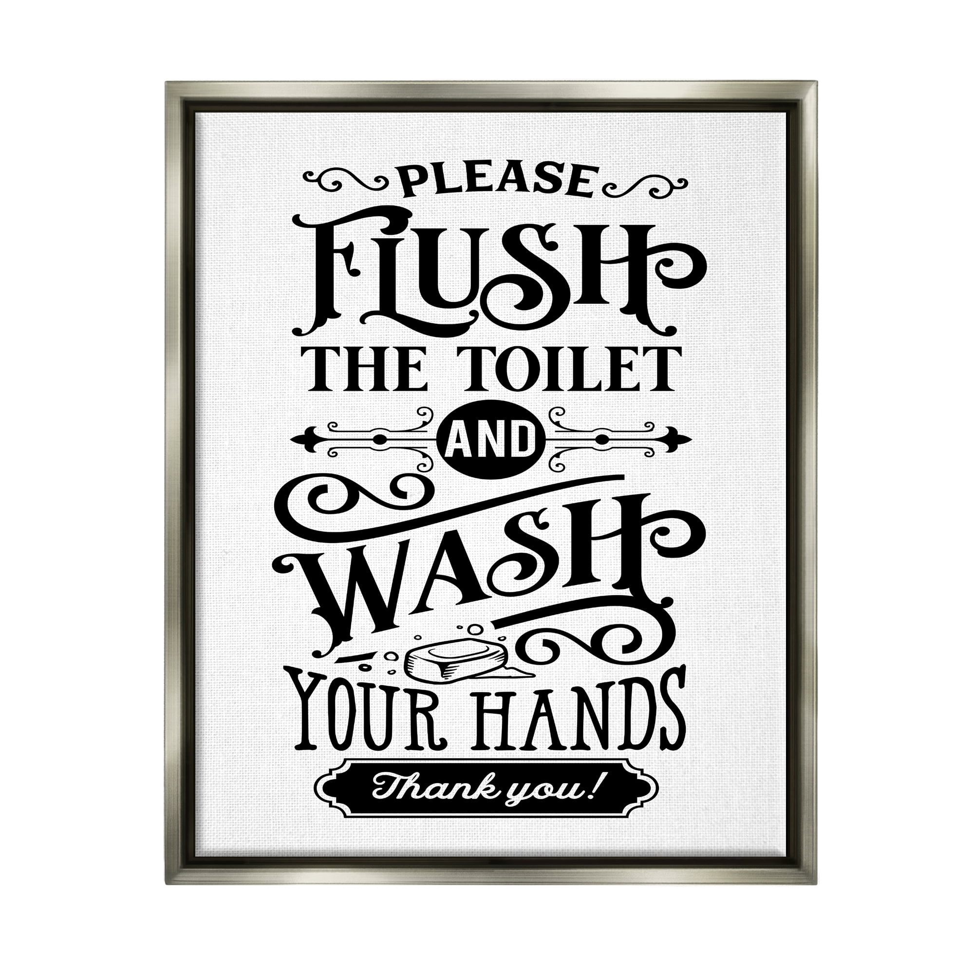 Stupell Industries Flush & Wash Hands Vintage Style Text Typography Graphic Art Luster Gray Floating Framed Canvas Print Wall Art, Design by Lettered and Lined