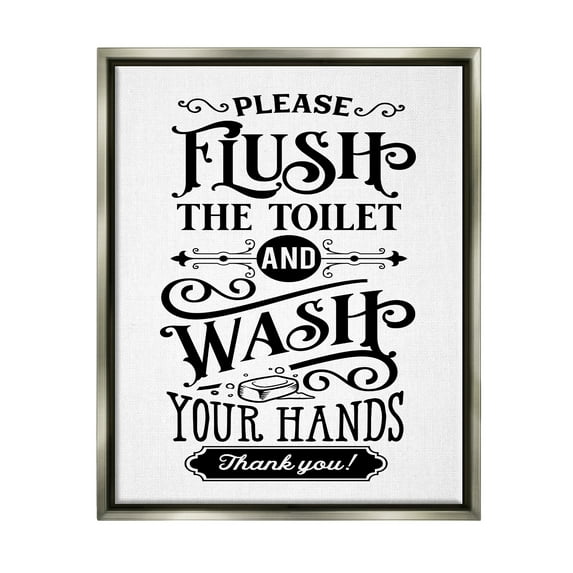 Stupell Industries Flush & Wash Hands Vintage Style Text Typography Graphic Art Luster Gray Floating Framed Canvas Print Wall Art, Design by Lettered and Lined