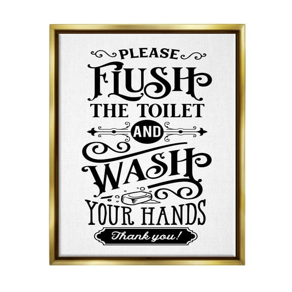 Stupell Industries Flush & Wash Hands Vintage Style Text Typography Graphic Art Metallic Gold Floating Framed Canvas Print Wall Art, Design by Lettered and Lined