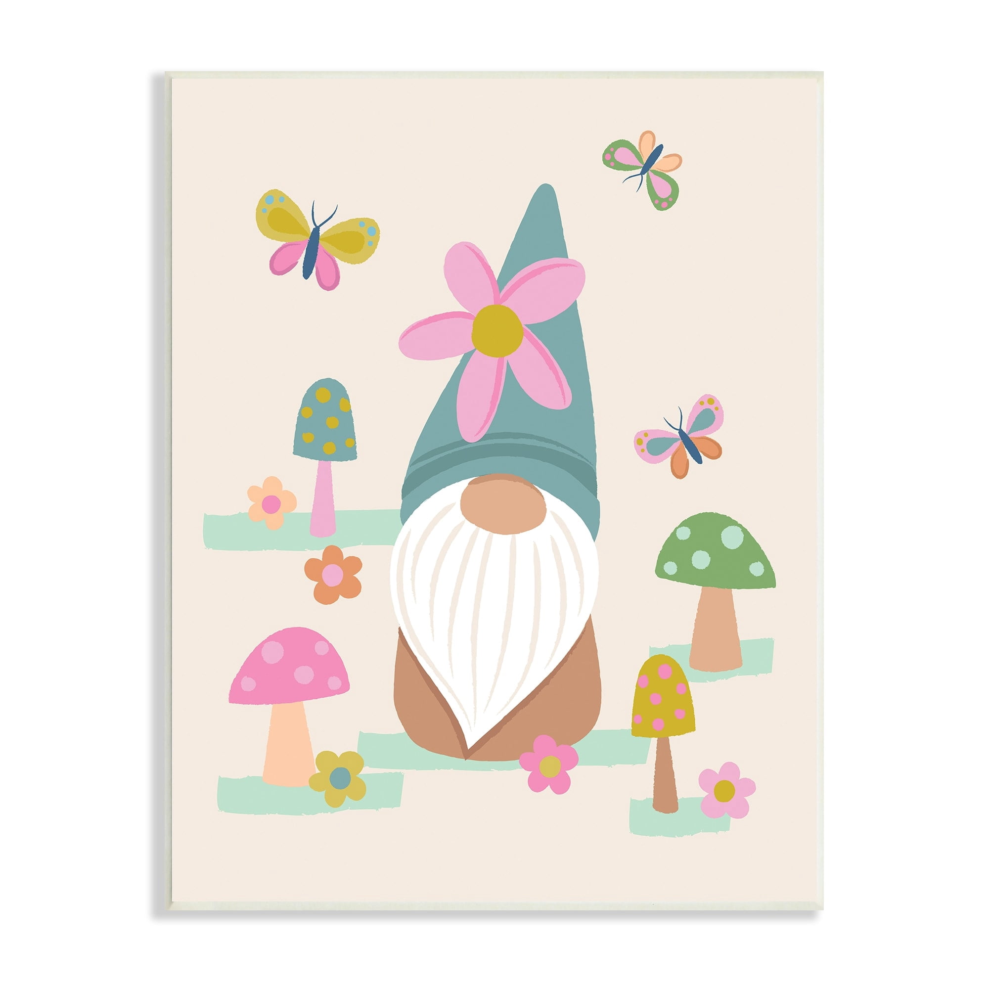 Stupell Industries Fluttering Butterflies Mushroom Garden Gnome Pink Flowers Wood Wall Art, 10 x 15, Design by Lisa Perry Whitebutton