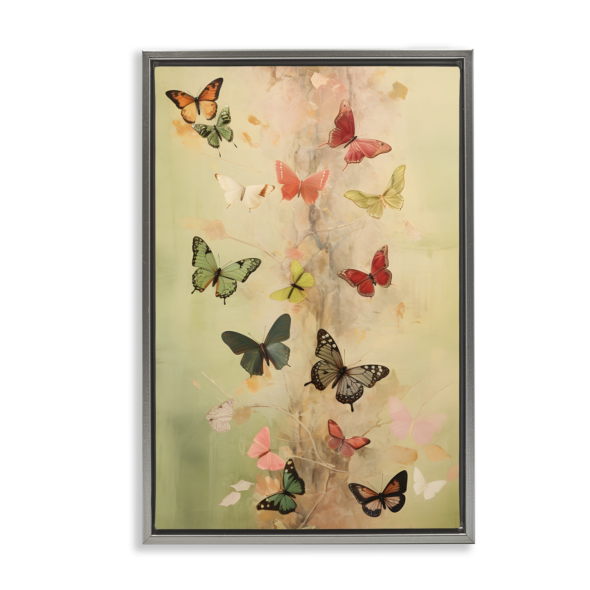Stupell Industries Fluttering Butterfly Array Animals & Insects Painting Gray Floater Framed Canvas Art Print Wall Art, 21 x 31