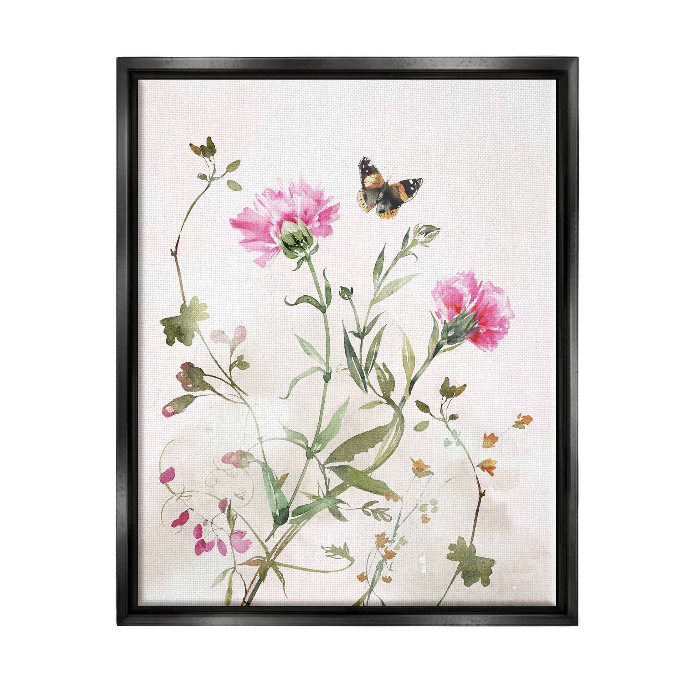 Stupell Industries Fluttering Butterfly Garden Blooms Graphic Art Jet Black Floating Framed Canvas Print Wall Art, Design by Nina Blue