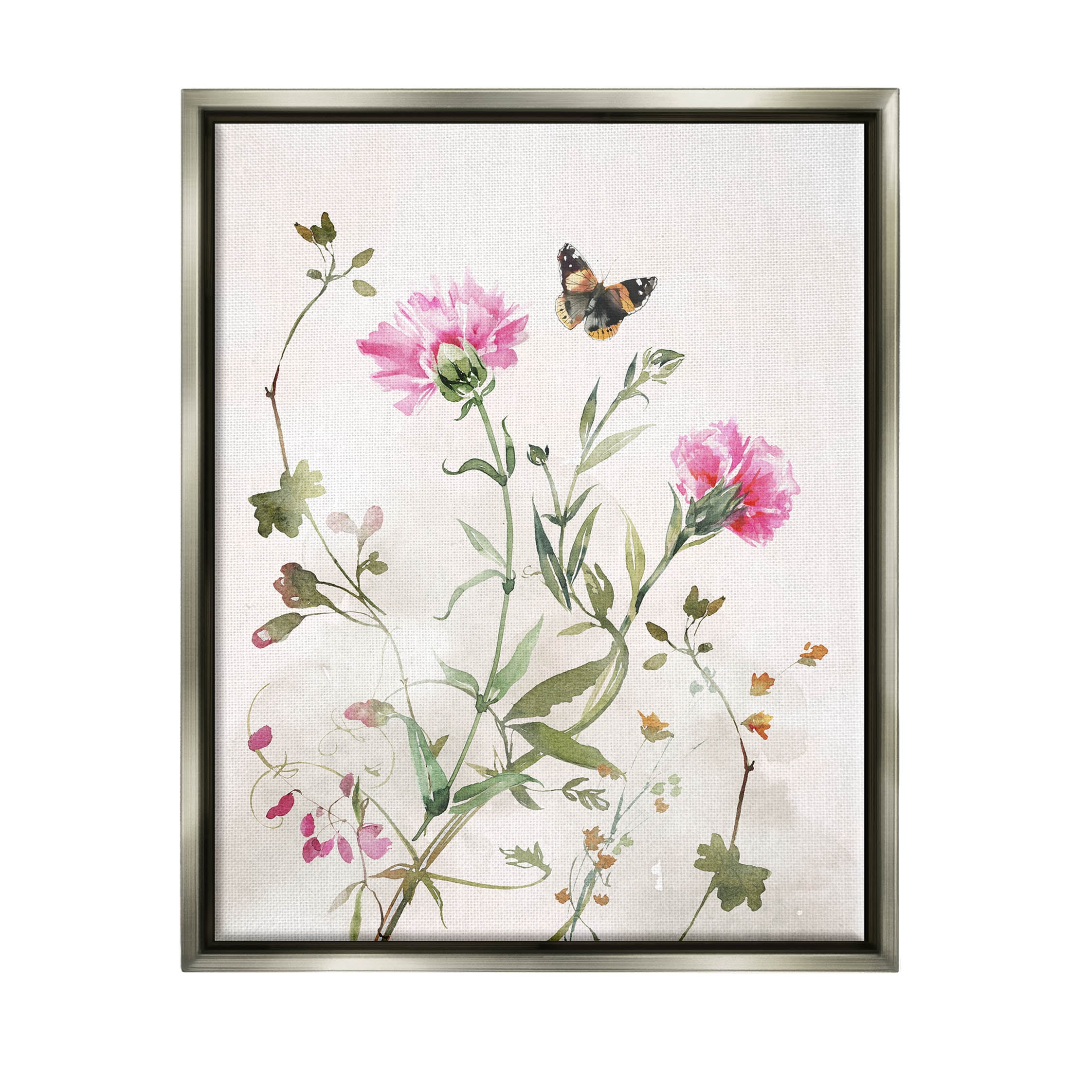 Stupell Industries Fluttering Butterfly Garden Blooms Graphic Art Luster Gray Floating Framed Canvas Print Wall Art, Design by Nina Blue