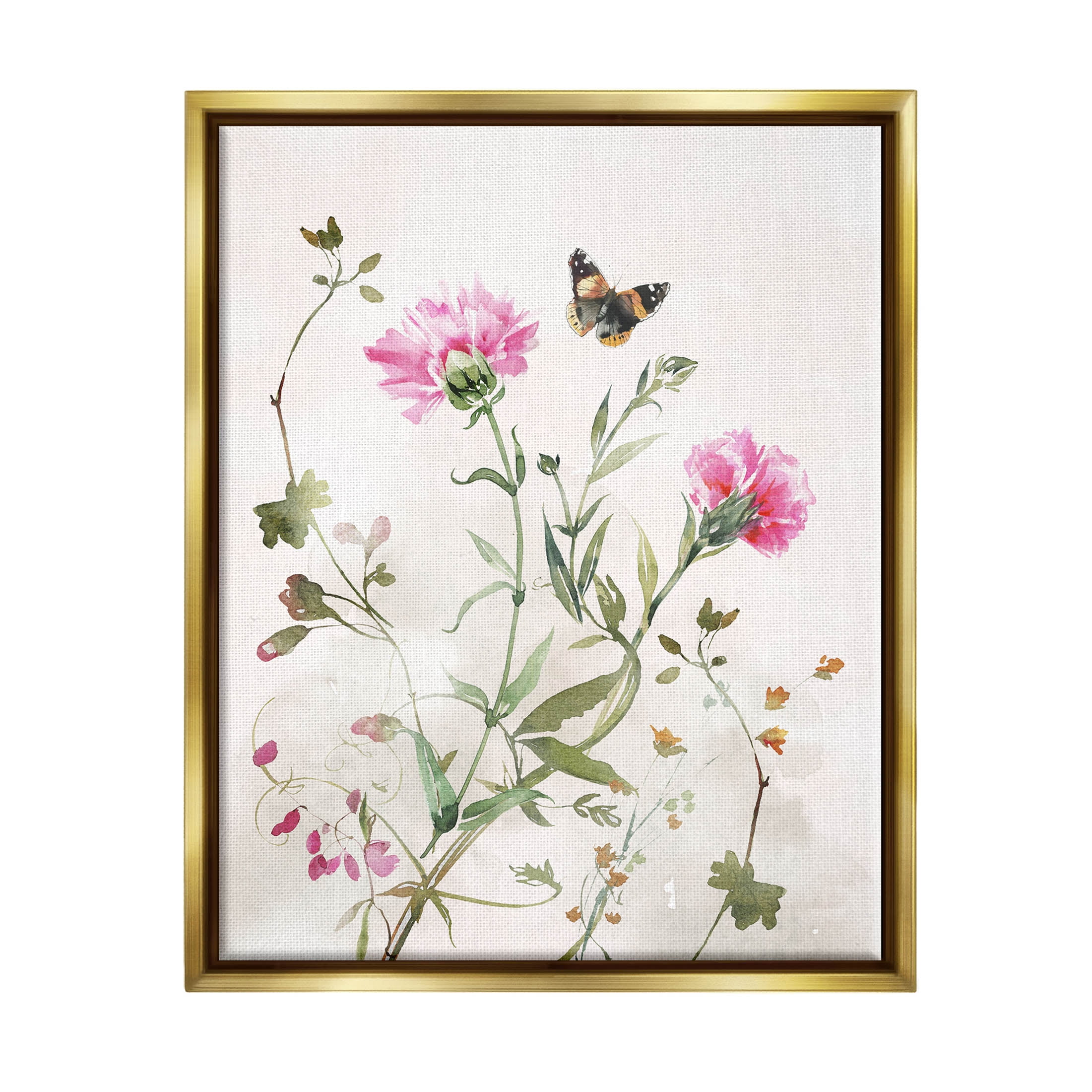Stupell Industries Fluttering Butterfly Garden Blooms Graphic Art Metallic Gold Floating Framed Canvas Print Wall Art, Design by Nina Blue