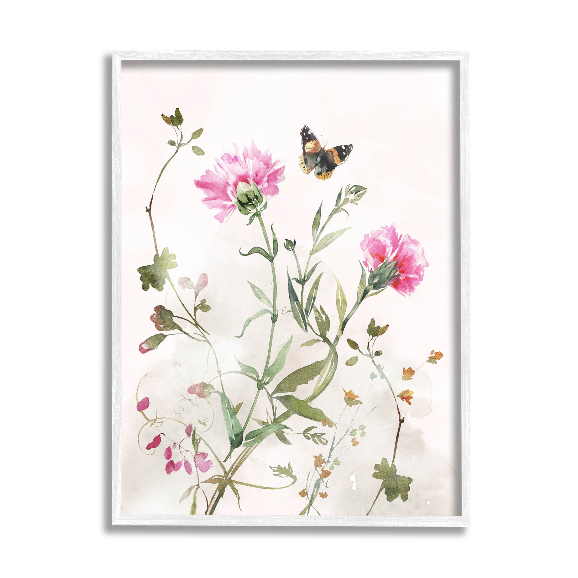 Stupell Industries Fluttering Butterfly Garden Blooms Graphic Art White Framed Art Print Wall Art, Design by Nina Blue