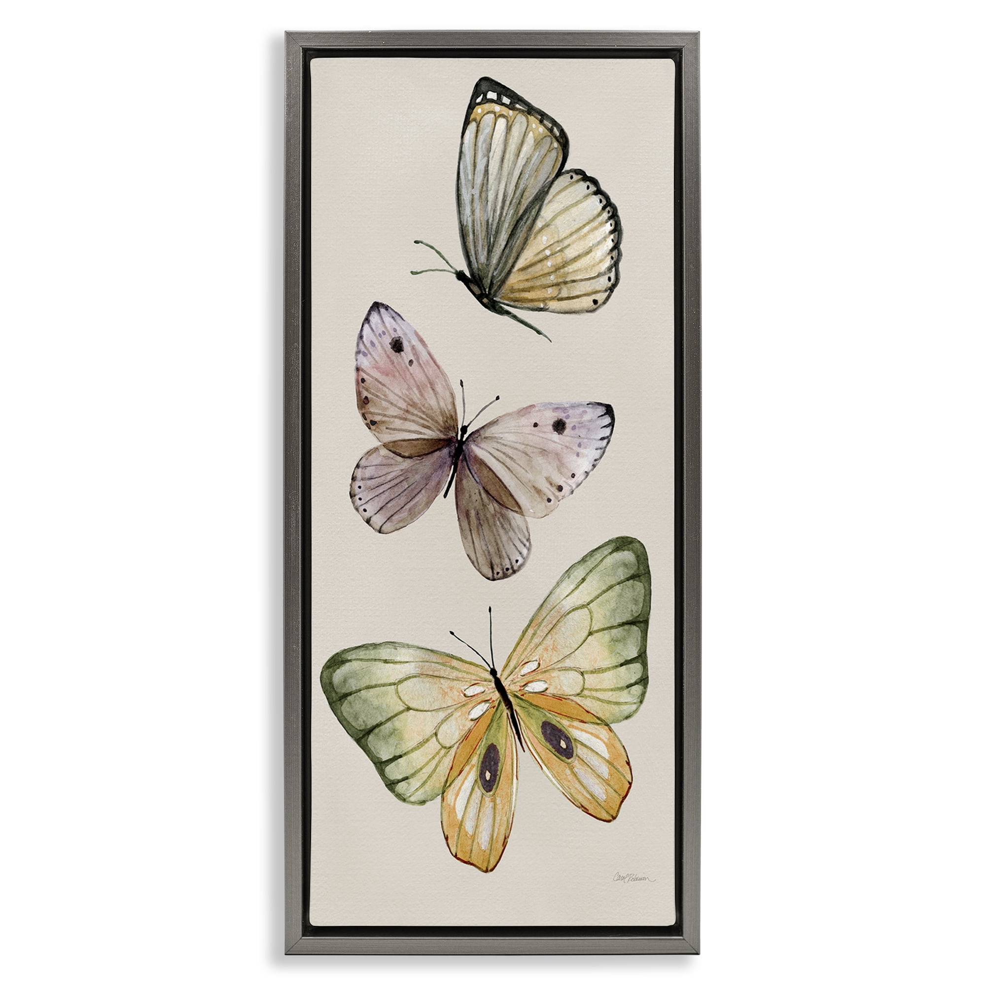 Stupell Industries Fluttering Butterfly Trio Animals & Insects Painting Gray Floater Framed Canvas Art Print Wall Art, 15 x 31