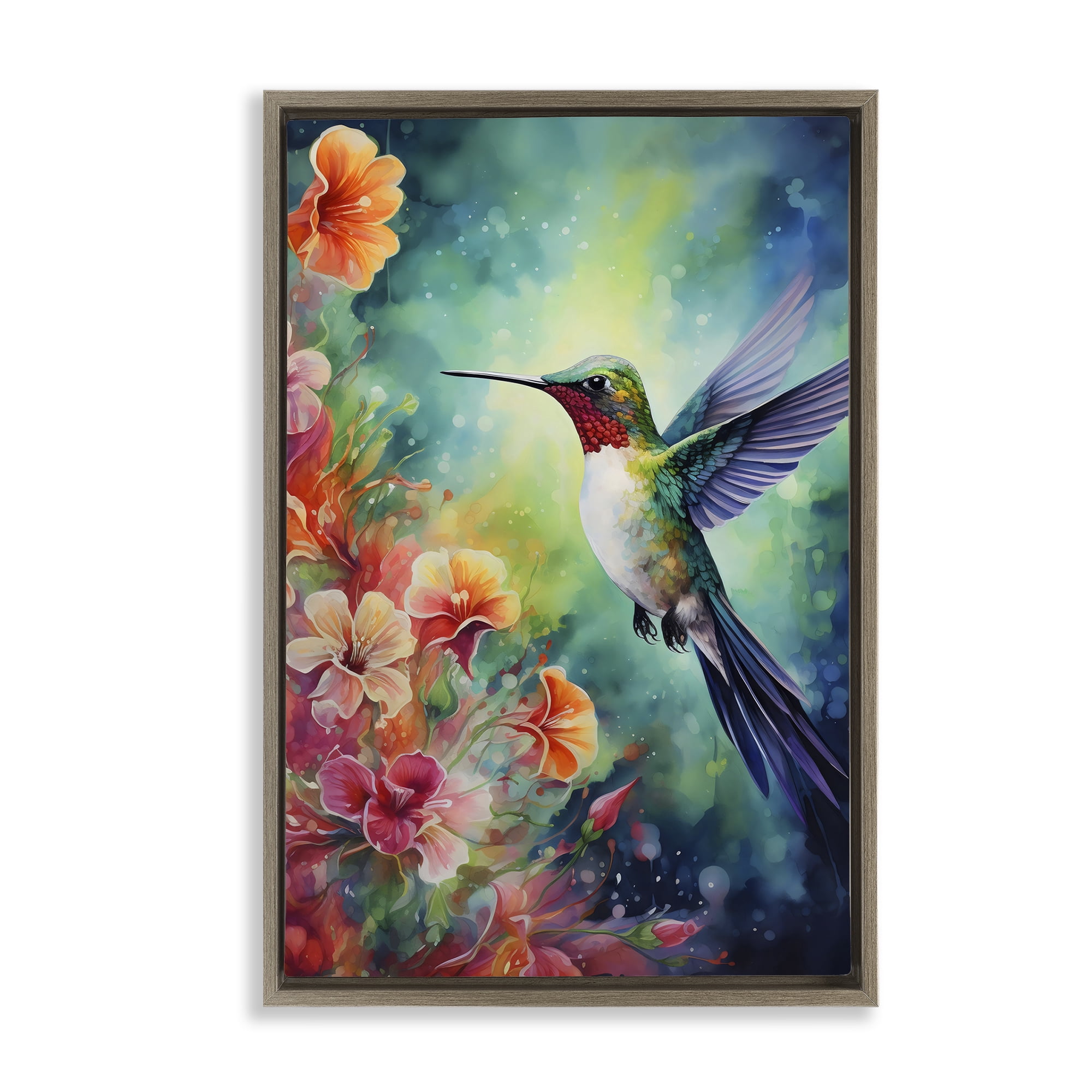 Stupell Industries Fluttering Hummingbird & Radiant Blossoms Brown Framed Floater Canvas Wall Art, design by Creative Studio