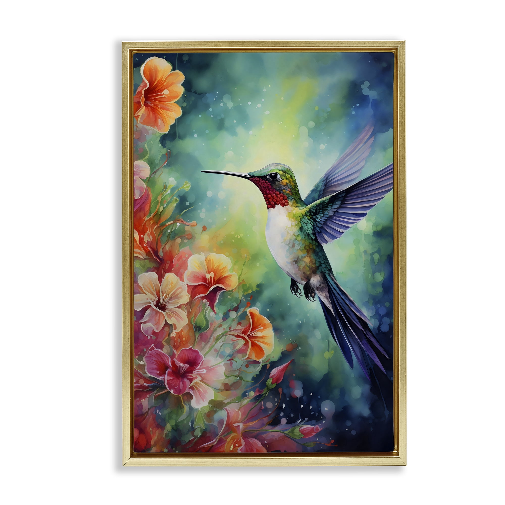 Stupell Industries Fluttering Hummingbird & Radiant Blossoms Gold Framed Floater Canvas Wall Art, design by Creative Studio