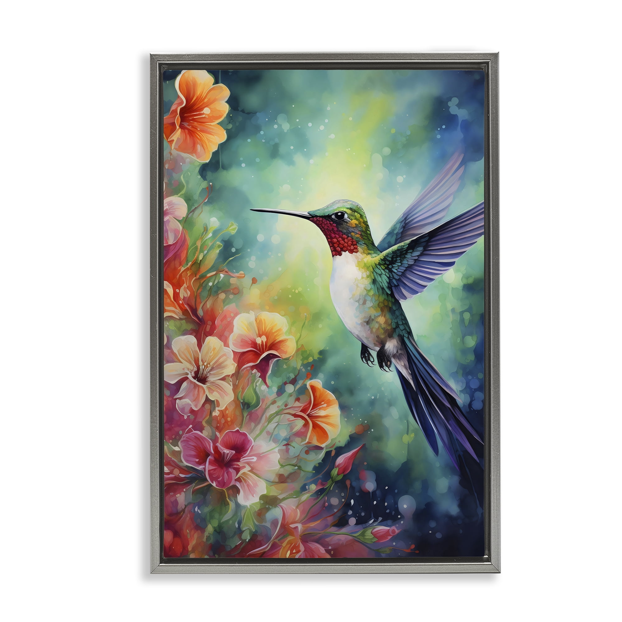 Stupell Industries Fluttering Hummingbird & Radiant Blossoms Gray Framed Floater Canvas Wall Art, design by Creative Studio