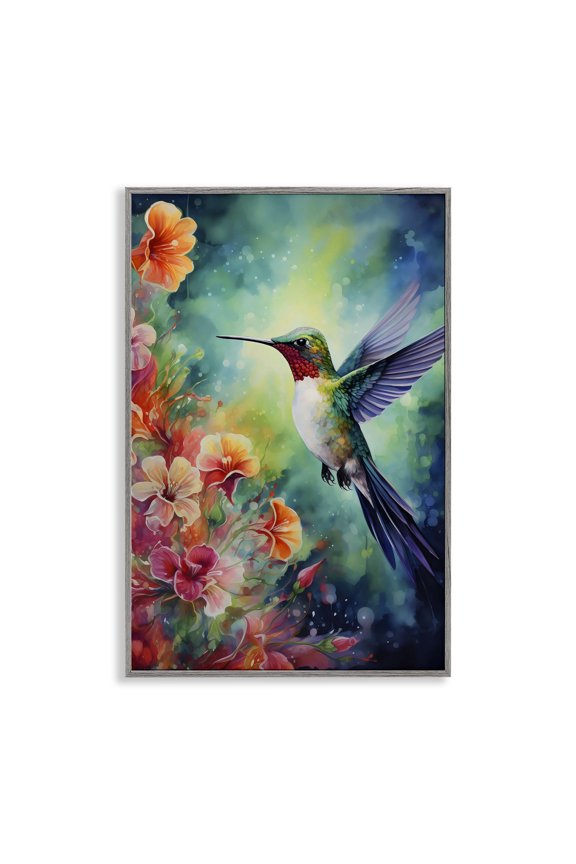Industries Fluttering Hummingbird & Radiant Blossoms Gray Framed Giclee Art, design by Creative Studio