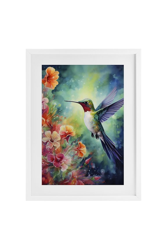 Industries Fluttering Hummingbird & Radiant Blossoms White Framed Print Under Glass, design by Creative Studio