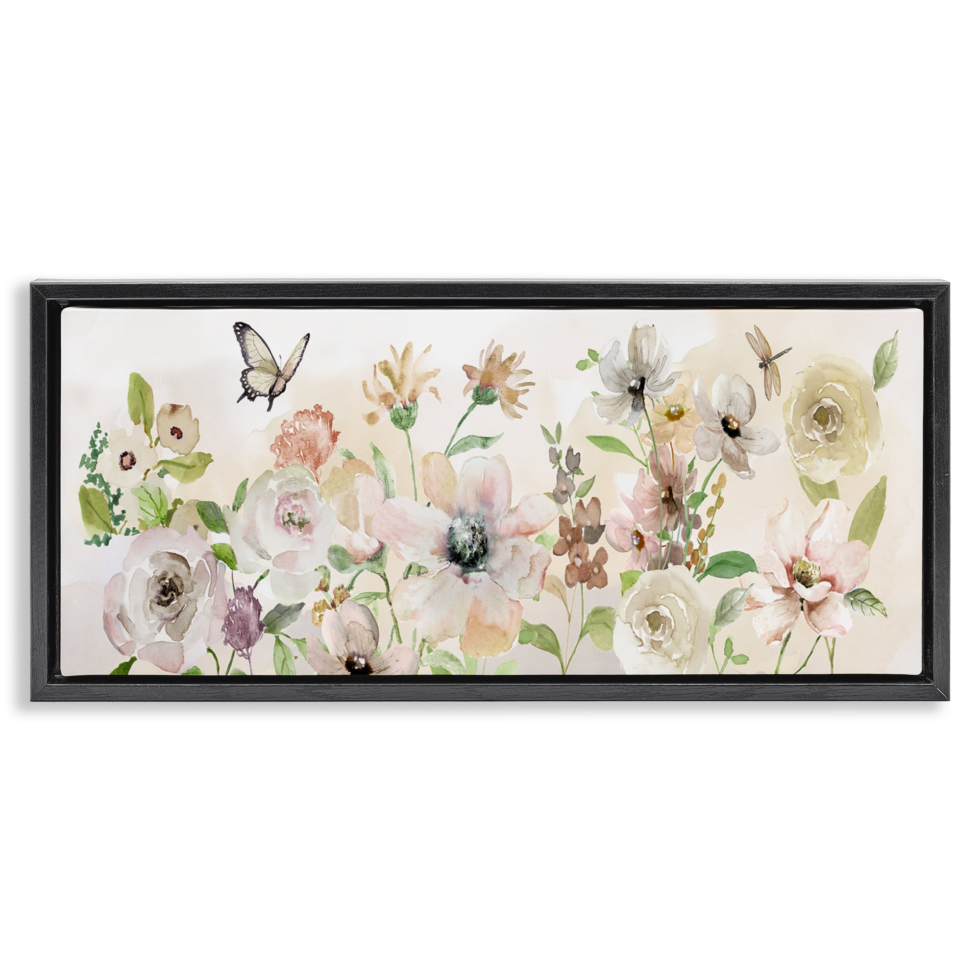 Stupell Industries Fluttering Insects & Florals Plants & Flowers Painting Black Floater Framed Canvas Art Print Wall Art, 31 x 14