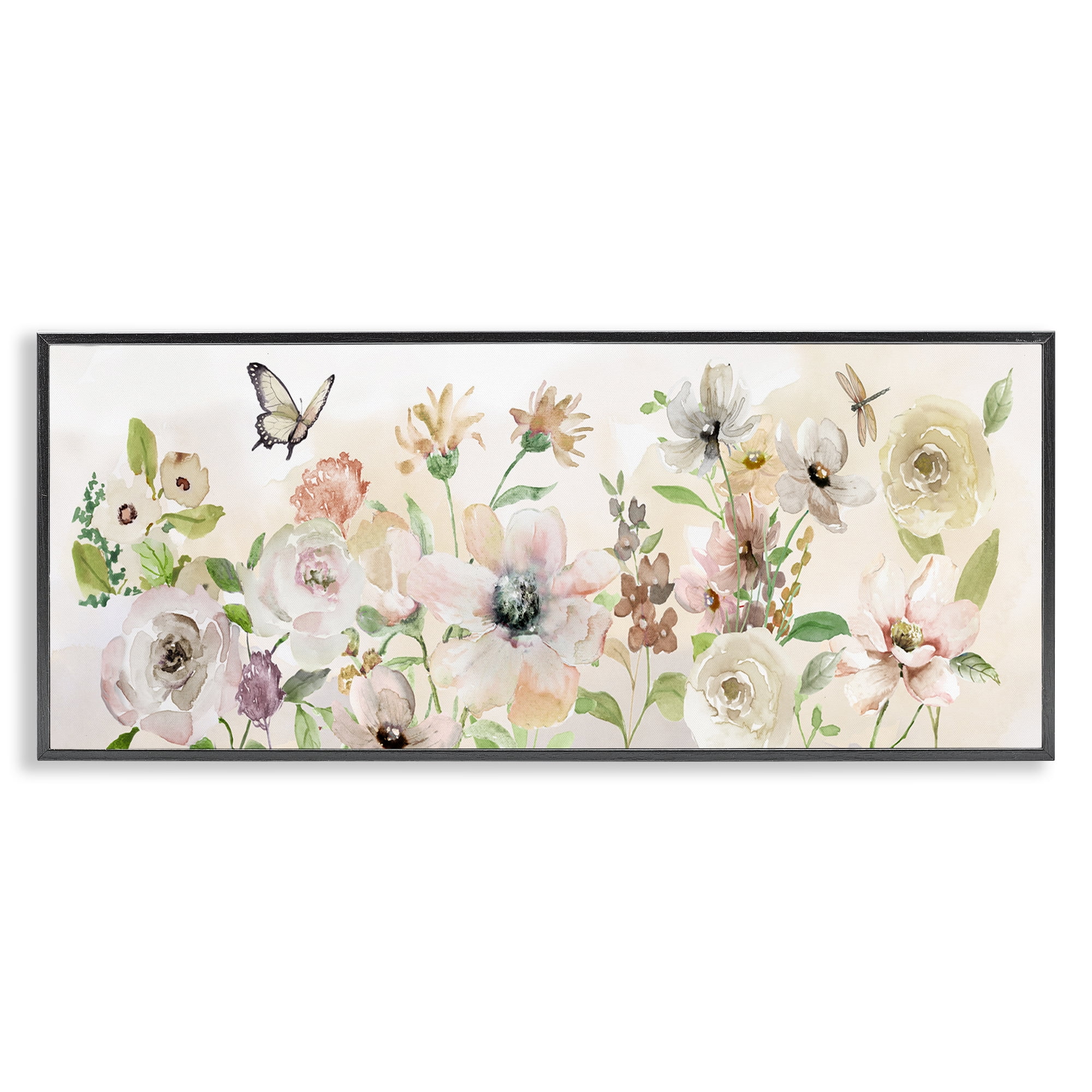 Stupell Industries Fluttering Insects & Florals Plants & Flowers Painting Black Framed Art Print Wall Art, 24 x 10