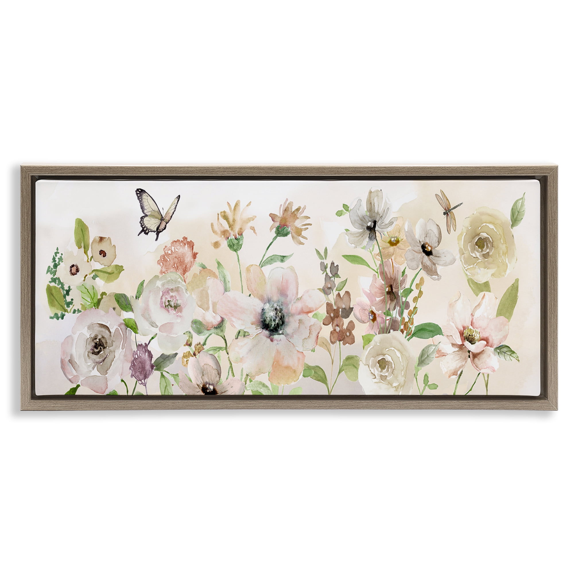 Stupell Industries Fluttering Insects & Florals Plants & Flowers Painting Brown Floater Framed Canvas Art Print Wall Art, 25 x 11