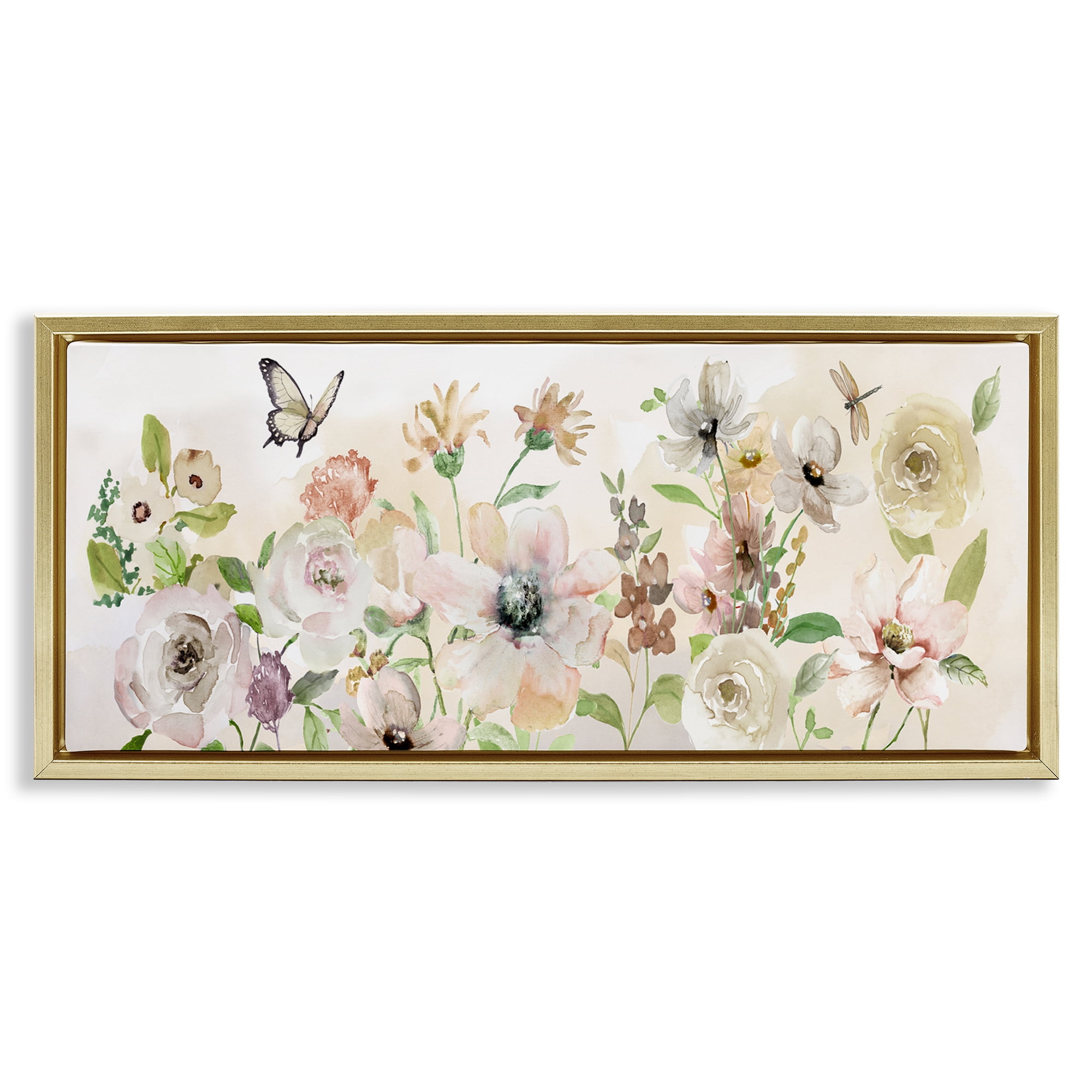 Stupell Industries Fluttering Insects & Florals Plants & Flowers Painting Gold Floater Framed Canvas Art Print Wall Art, 31 x 14
