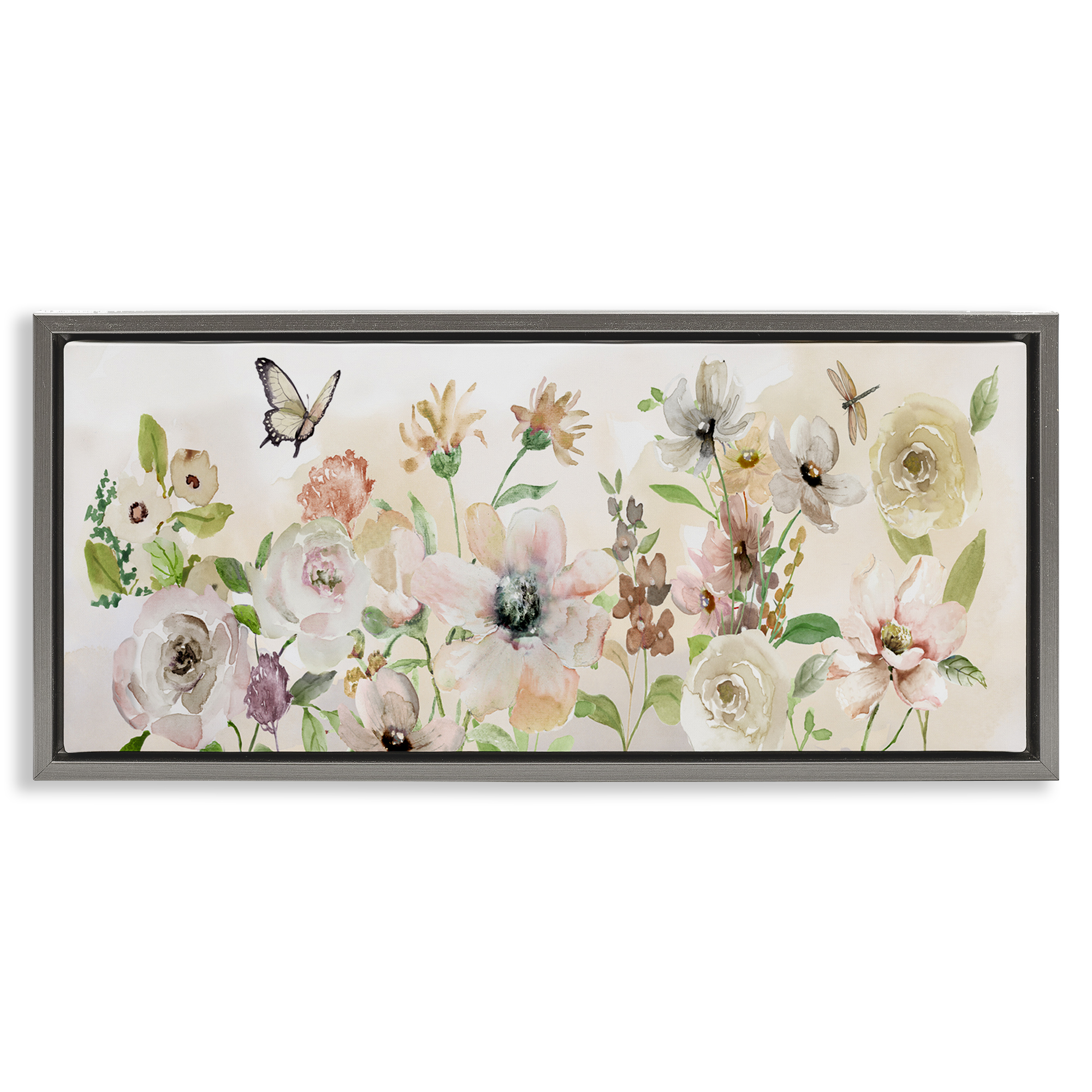 Stupell Industries Fluttering Insects & Florals Plants & Flowers Painting Gray Floater Framed Canvas Art Print Wall Art, 25 x 11