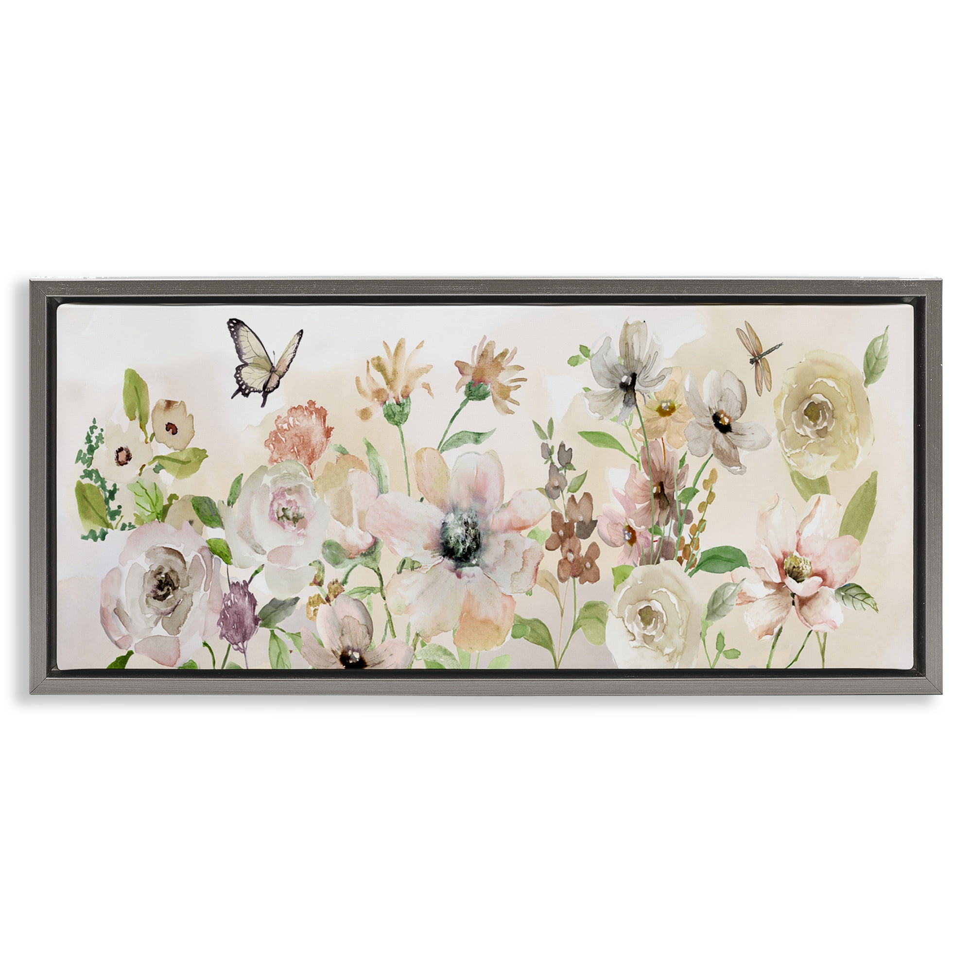 Stupell Industries Fluttering Insects & Florals Plants & Flowers Painting Gray Floater Framed Canvas Art Print Wall Art, 31 x 14