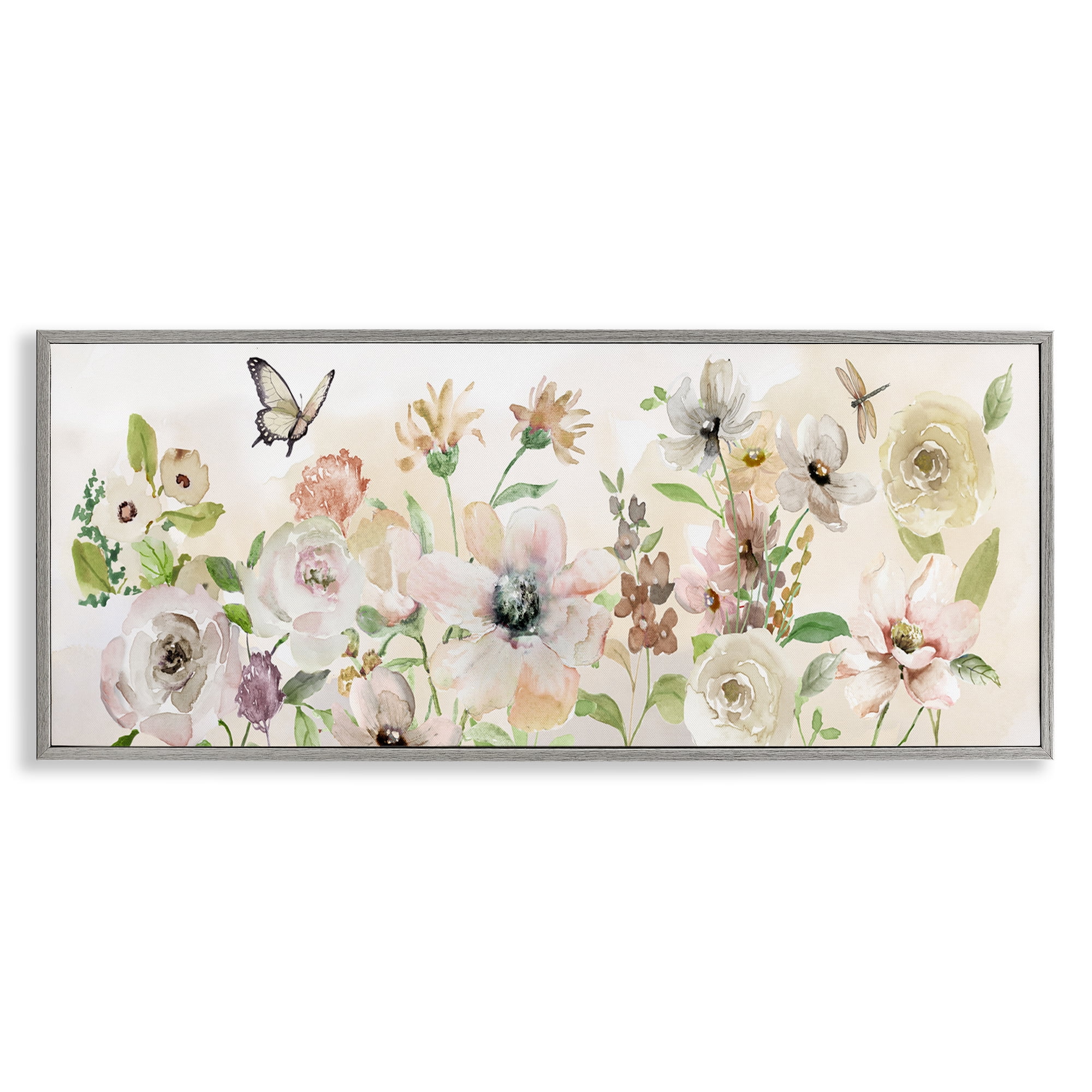 Stupell Industries Fluttering Insects & Florals Plants & Flowers Painting Gray Framed Art Print Wall Art, 24 x 10