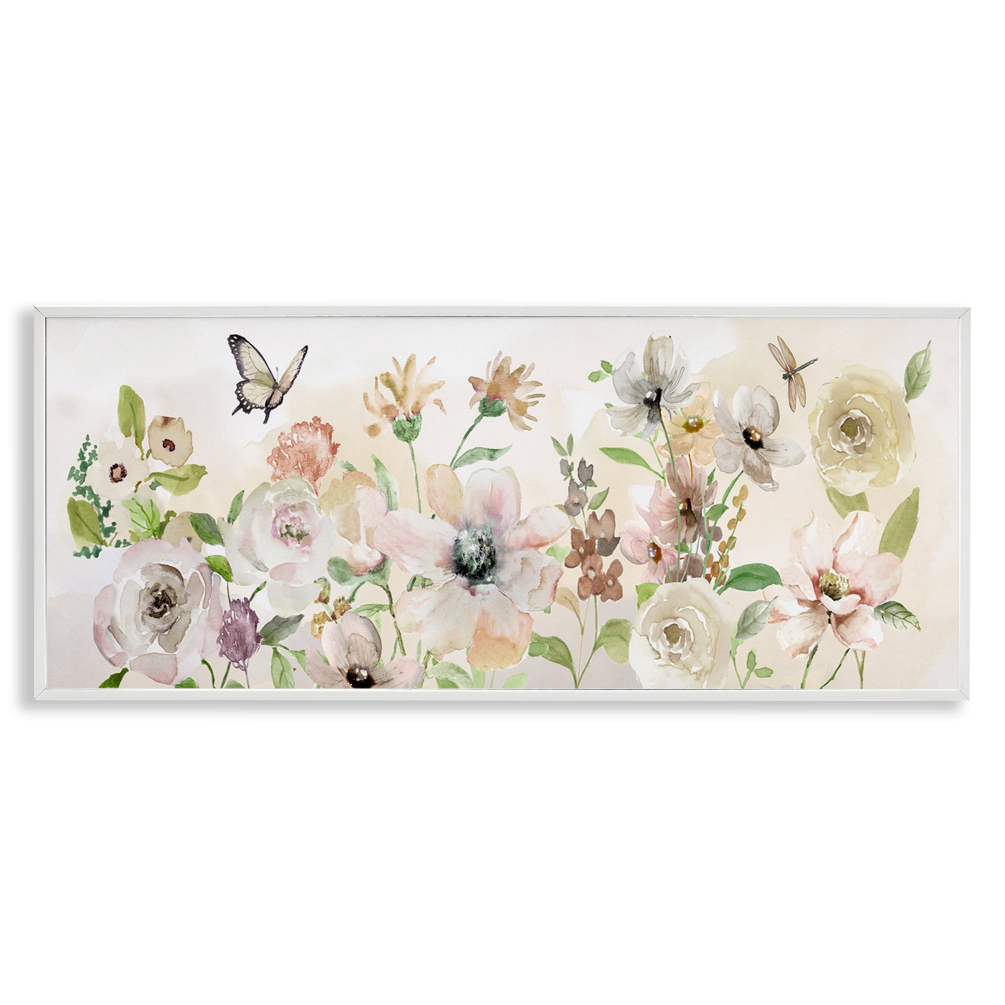 Stupell Industries Fluttering Insects & Florals Plants & Flowers Painting White Framed Art Print Wall Art, 24 x 10