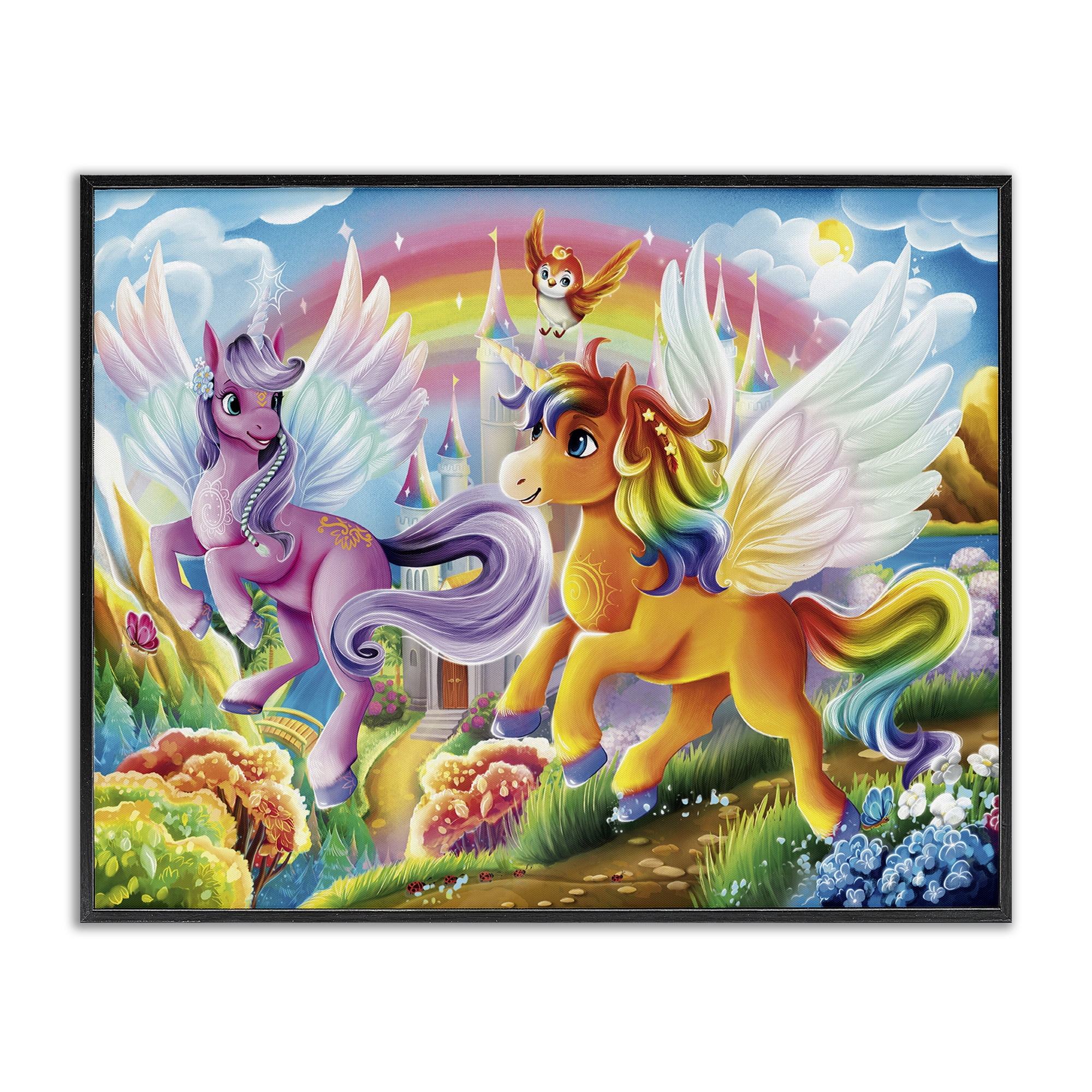 Stupell Industries Fluttering Unicorns & Rainbow Fantasy & Sci-Fi Painting Black Framed Art Print Wall Art, 30 x 24