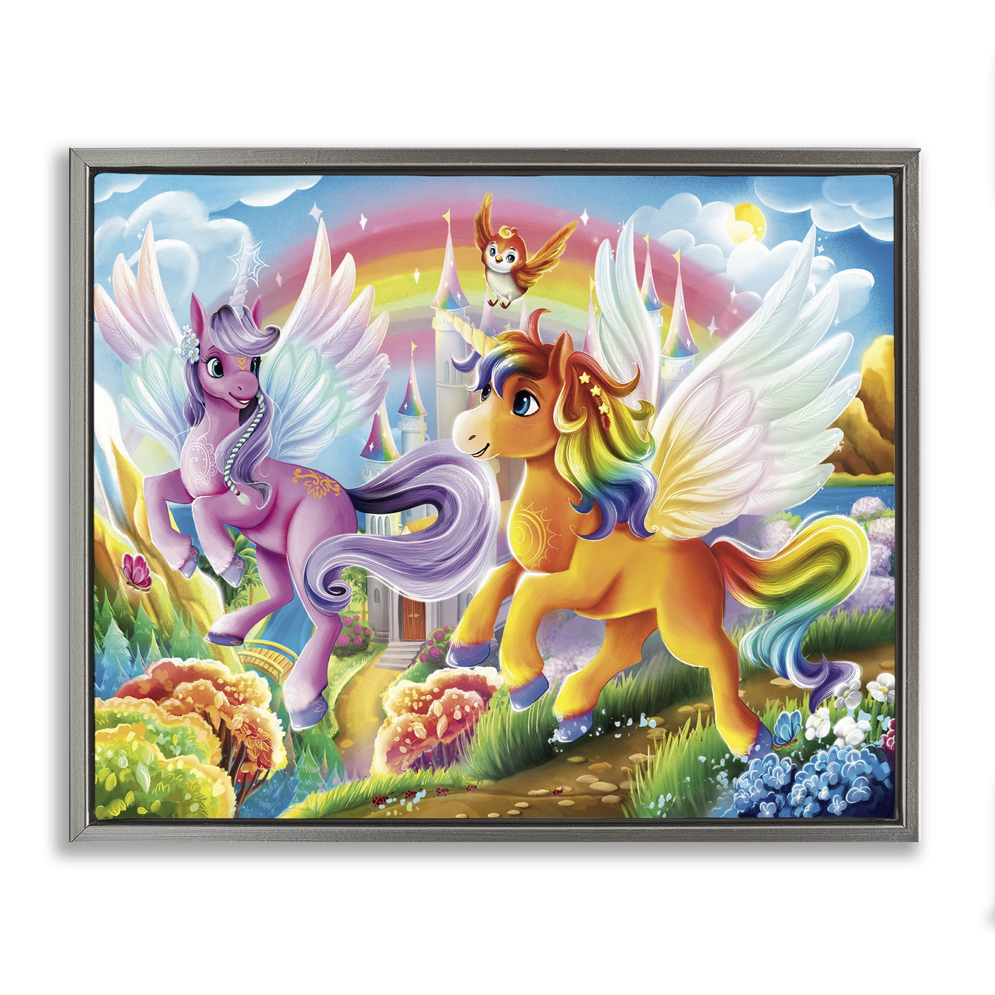 Stupell Industries Fluttering Unicorns & Rainbow Fantasy & Sci-Fi Painting Gray Floater Framed Canvas Art Print Wall Art, 21 x 17