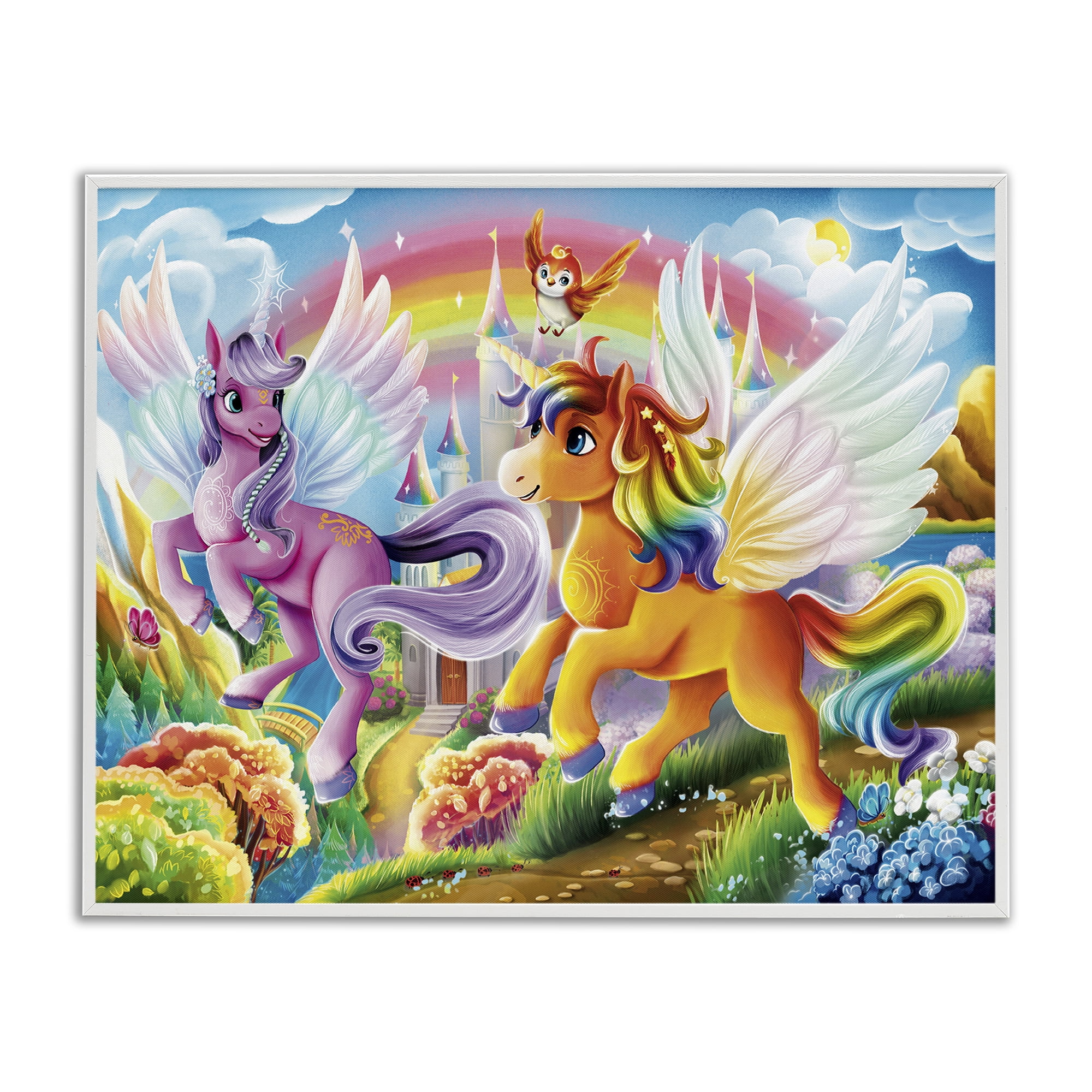 Stupell Industries Fluttering Unicorns & Rainbow Fantasy & Sci-Fi Painting White Framed Art Print Wall Art, 14 x 11