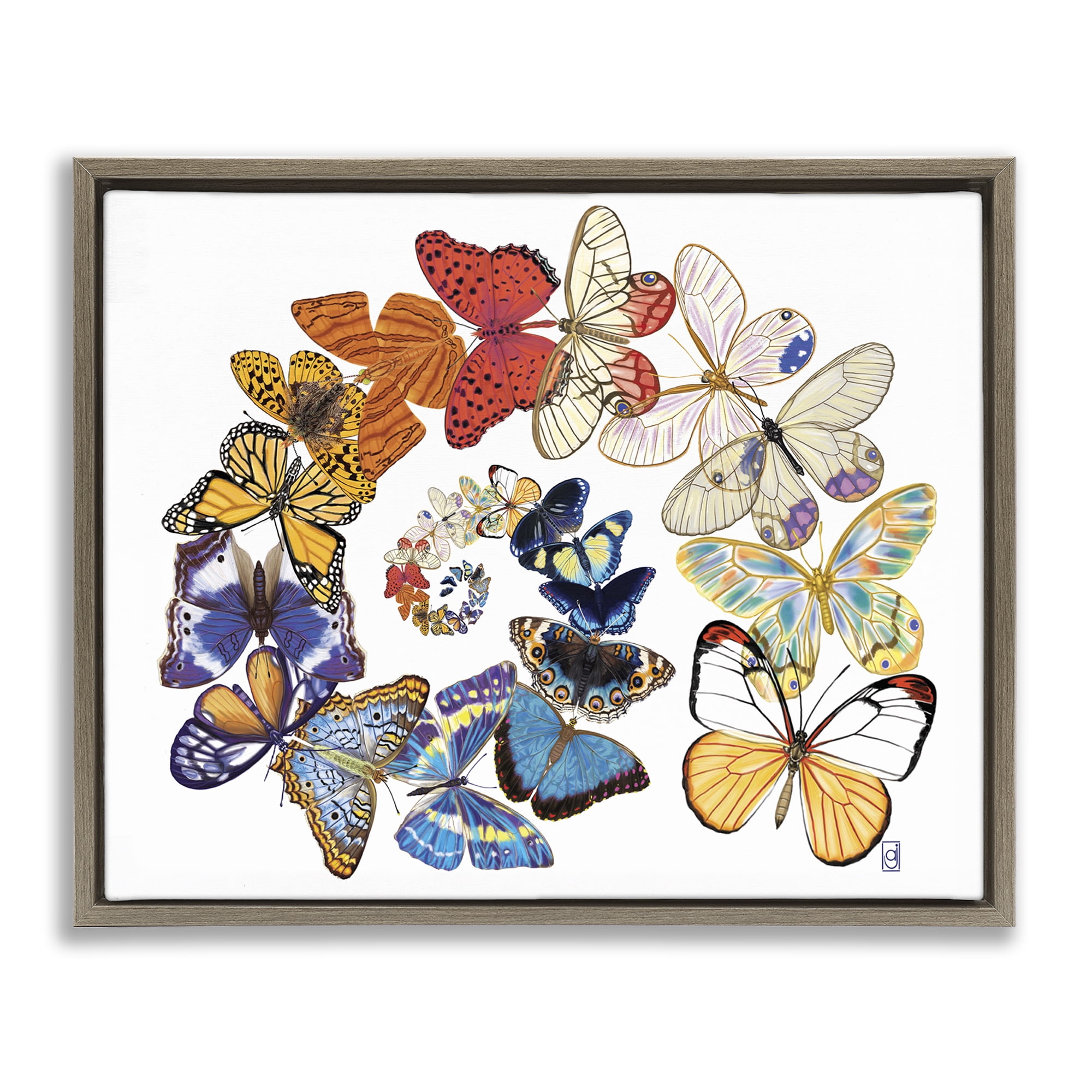 Stupell Industries Fly Away Butterflies Animals Painting Brown Floater Framed Canvas Art Print Wall Art, 21 x 17